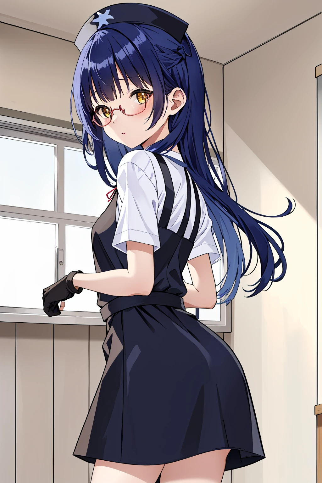 ((masterpiece, best quality, high quality)),1girl, (hospital), <lora:infirmary_v0.1:0.5> infirmary, dress <lora:Aya Kawasaki:0.7> (1girl, 3dcg 02, aya kawasaki, bangs, dark blue hair, glasses, hair over shoulder, long hair, ribbon bangs, small breasts, solo, straight hair, under-rim eyewear, yellow eyes), <lora:0- CL - Latex Nurse Apron V2:0.7> (latex_nurse_v2, nurse, nurse cap, apron, gloves,shiny dress),