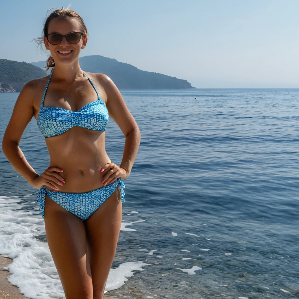 best quality, an amateur beachvacation full body photo of a woman in a bikini posing in front of the ocean, backlight <lora:vacation_v1:0.8>