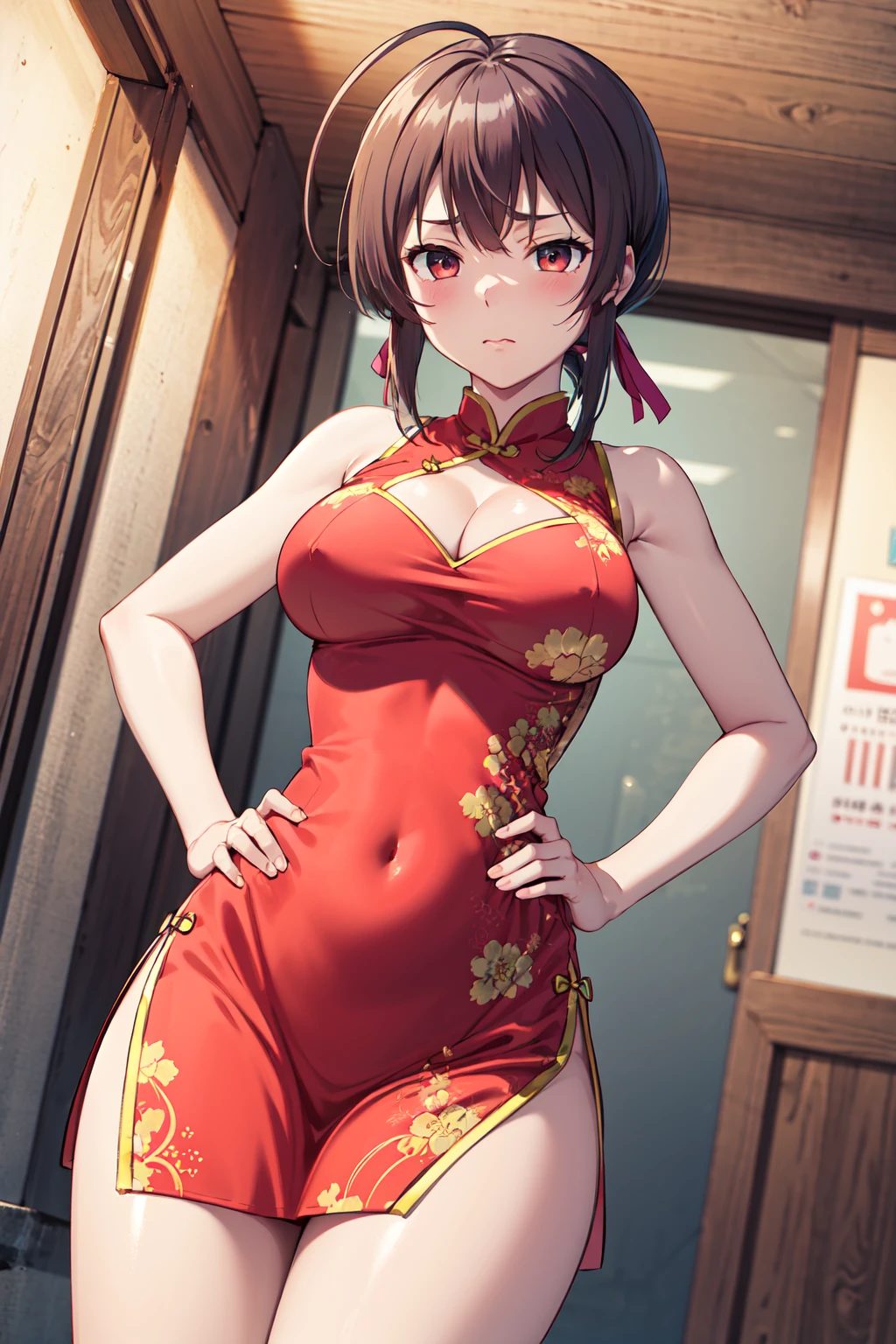 sexy women, China environment, silber hair, ((((humongous large breast)))), (((Red cheongsam)))), ((((Red cheongsam)))), (((Gold accents))), ((Perfect hourglass figure)), (((Big breasts that expose the))),