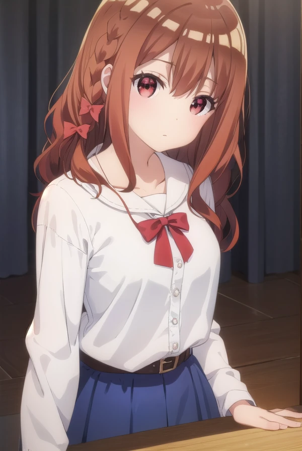 miyakoshirakawa, <lora:miyako shirakawa s1-lora-nochekaiser:1>,
miyako shirakawa, long hair, bow, brown hair, (red eyes:1.3), braid, hair bow, wavy hair,
BREAK skirt, shirt, long sleeves, jewelry, white shirt, frills, belt, necklace, blue skirt, frilled skirt, collarbone,
BREAK indoors,
BREAK looking at viewer, (cowboy shot:1.5),
BREAK <lyco:GoodHands-beta2:1>, (masterpiece:1.2), best quality, high resolution, unity 8k wallpaper, (illustration:0.8), (beautiful detailed eyes:1.6), extremely detailed face, perfect lighting, extremely detailed CG, (perfect hands, perfect anatomy),