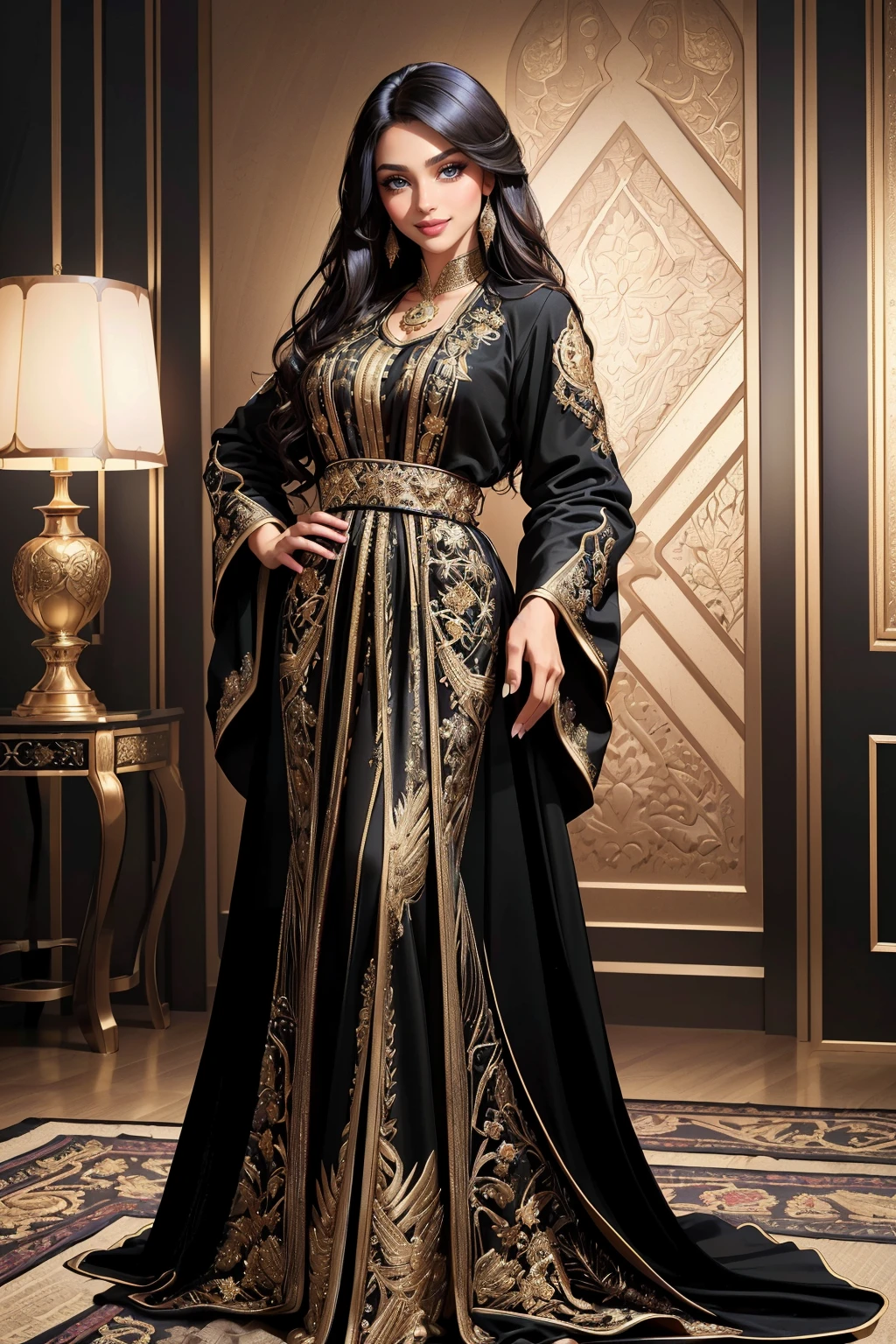 ((masterpiece,best quality,edgQuality)),(smile),looking at viewer,standing,
edgCaftan, a woman in a black and gold embroidered robe ,wearing edgCaftan
 <lora:edgMoroccanCaftan:1>