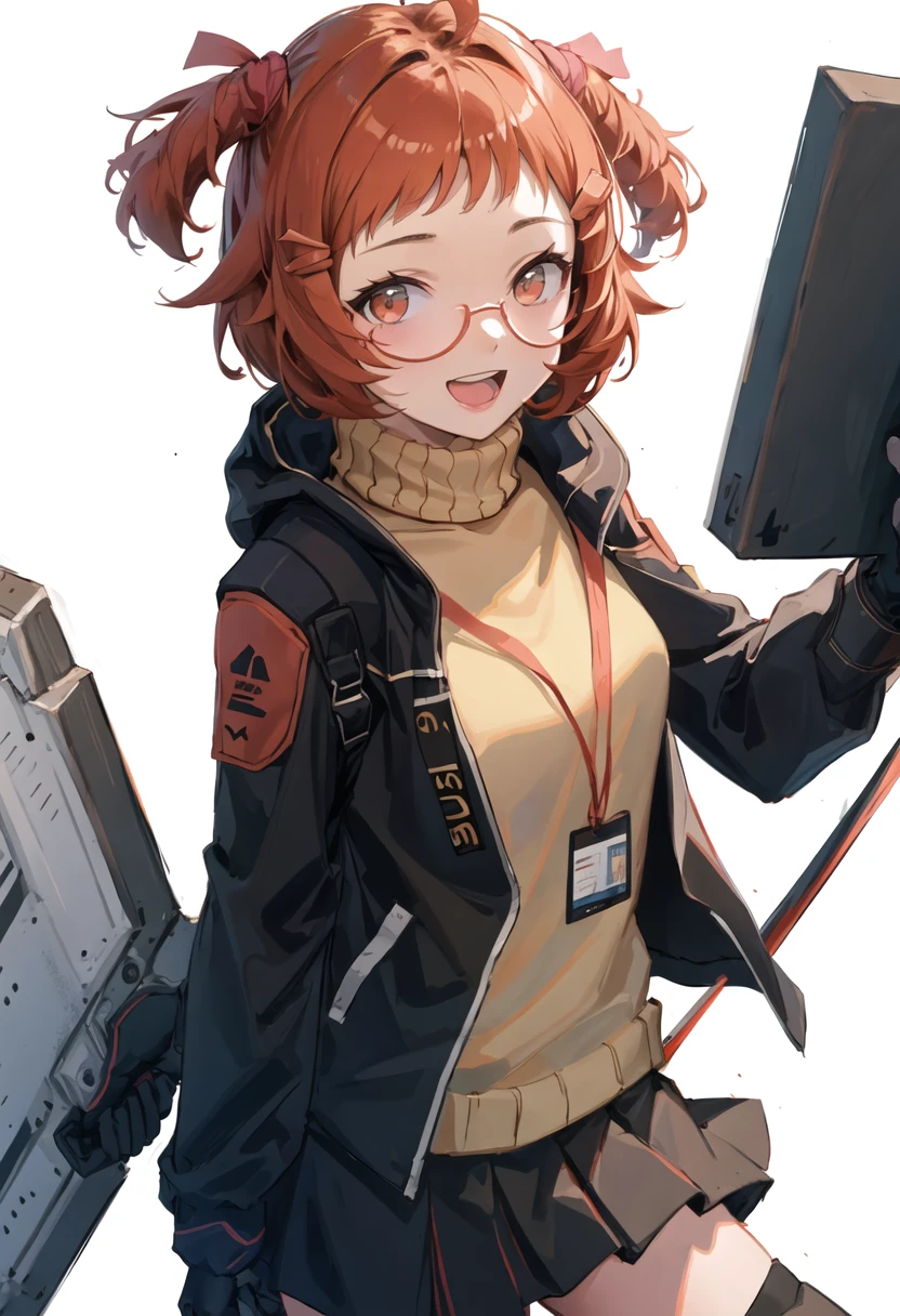 best quality, masterpiece, highres, solo, {beagle_arknights:0.90}, black_jacket, open_jacket, 1girl, turtleneck_sweater, looking_at_viewer, yellow_sweater, long_sleeves, black_skirt, open_mouth, simple_background, smile, white_background, id_card, bangs, blue_gloves, holding_shield, brown_sweater