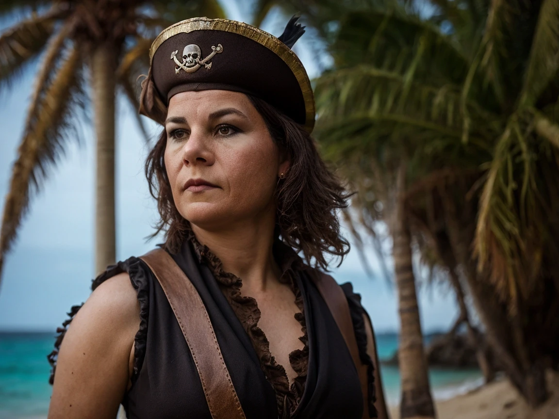 (professional photo:1.0), (annalenabaerbock:1.0), wearing a pirate costume, on a tropical island, (professional photography:1.0), (cinematic lighting:1.0), (round iris:1.0), (subsurface scattering:0.9), (natural skin texture:0.9), (sharp focus:0.9), (dramatic shadows:0.9), (bokeh:0.7), (depth of field:0.7)