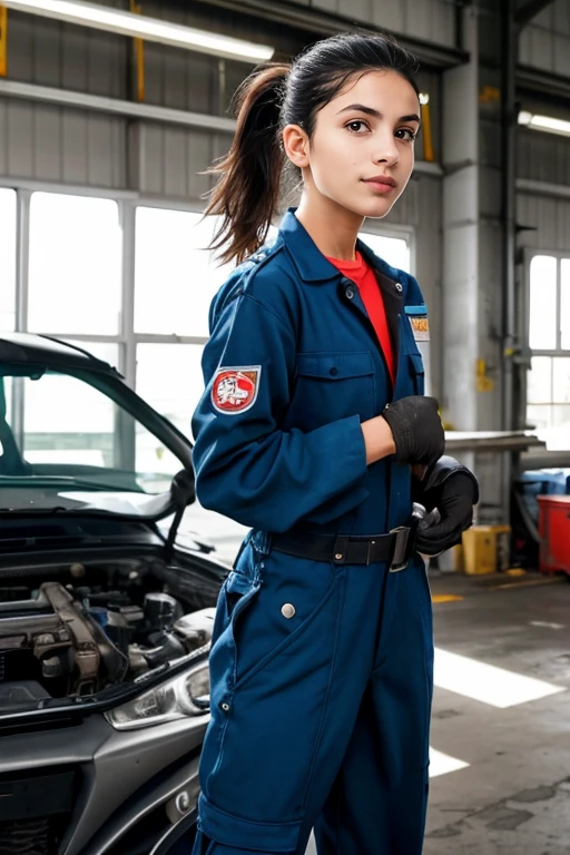 3. Young female mechanic (ethnicity: Hispanic, age: mid-20s) in a busy auto workshop (setting: industrial, cluttered). She's in a mechanic's jumpsuit (fabric: durable, oil-stained) with a tool belt. Her hair is tied back in a practical ponytail, with no makeup. She's working under a car (action: skilled, focused), her pose confident and capable.