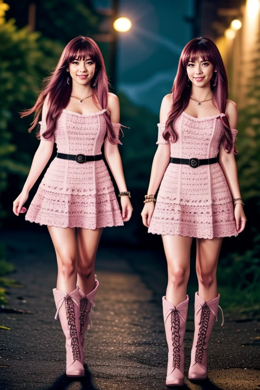 ((Masterpiece, best quality, cinematic lighting, 8k, full body shot, long hair)), (smile:0.85), (realistic scenic background)
pink  short dress, belt, boots, crochet
<lora:Crochet_Summer_Dress_By_Stable_Yogi:1>