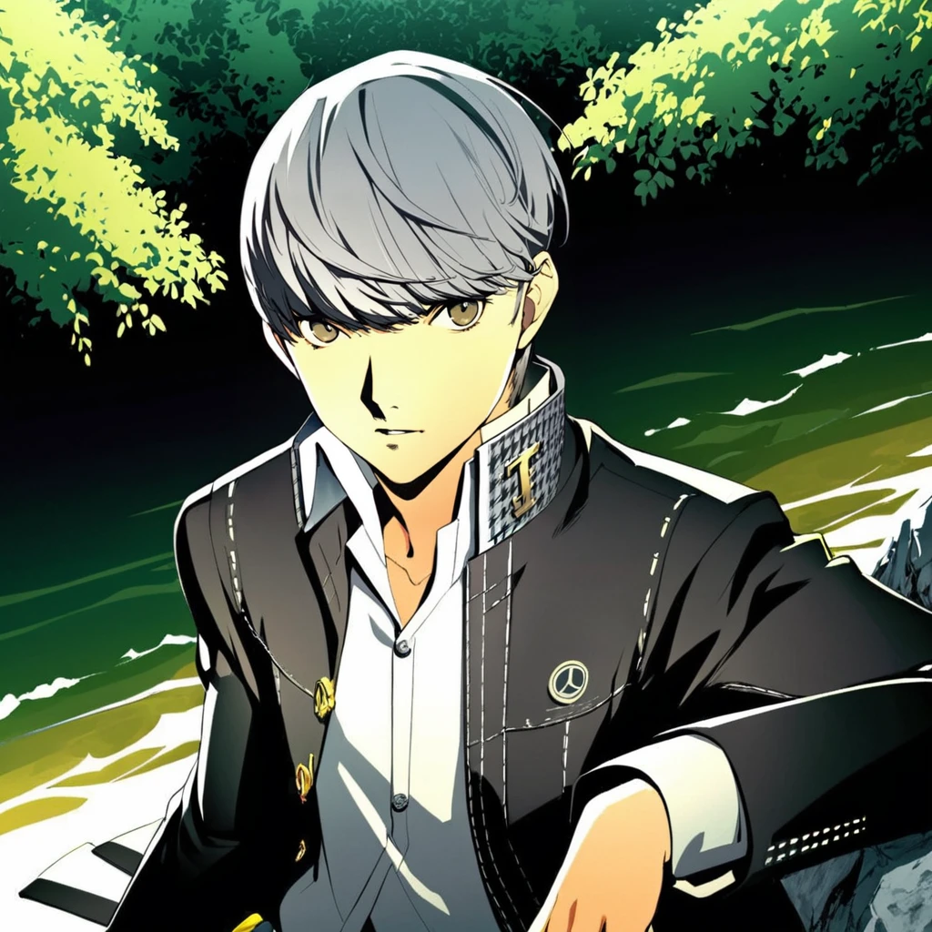 1boy, narukami_yu, persona 4, sitting by a river bank, portrait, masterpiece, newest, best quality, high quality, soejima_shigenori <lora:soejima_style_xl_c:1>