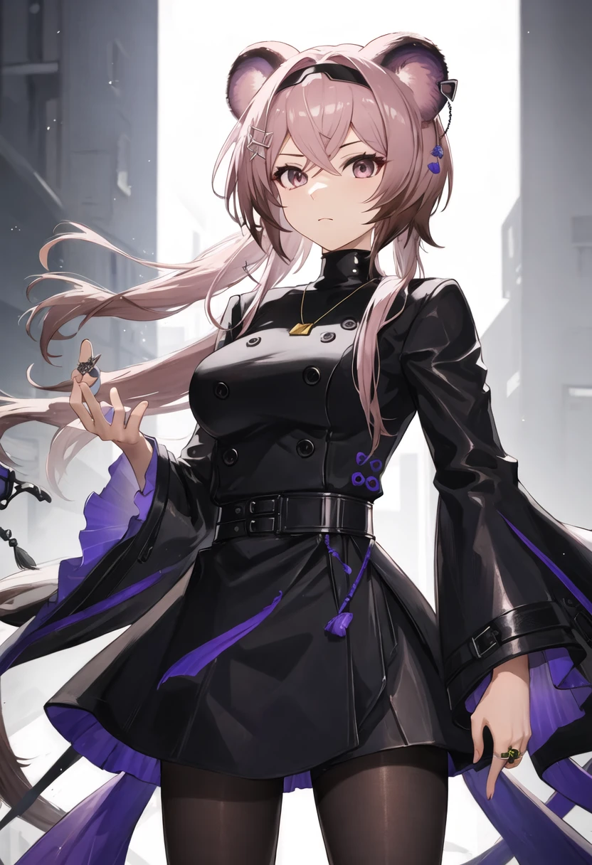 best quality, masterpiece, highres, solo, {lin_arknights:0.90}, 1girl, black_dress, closed_mouth, cowboy_shot, long_sleeves, ring, belt, looking_at_viewer, official_alternate_costume, hand_up, necklace, wide_sleeves, brown_hair, pantyhose
