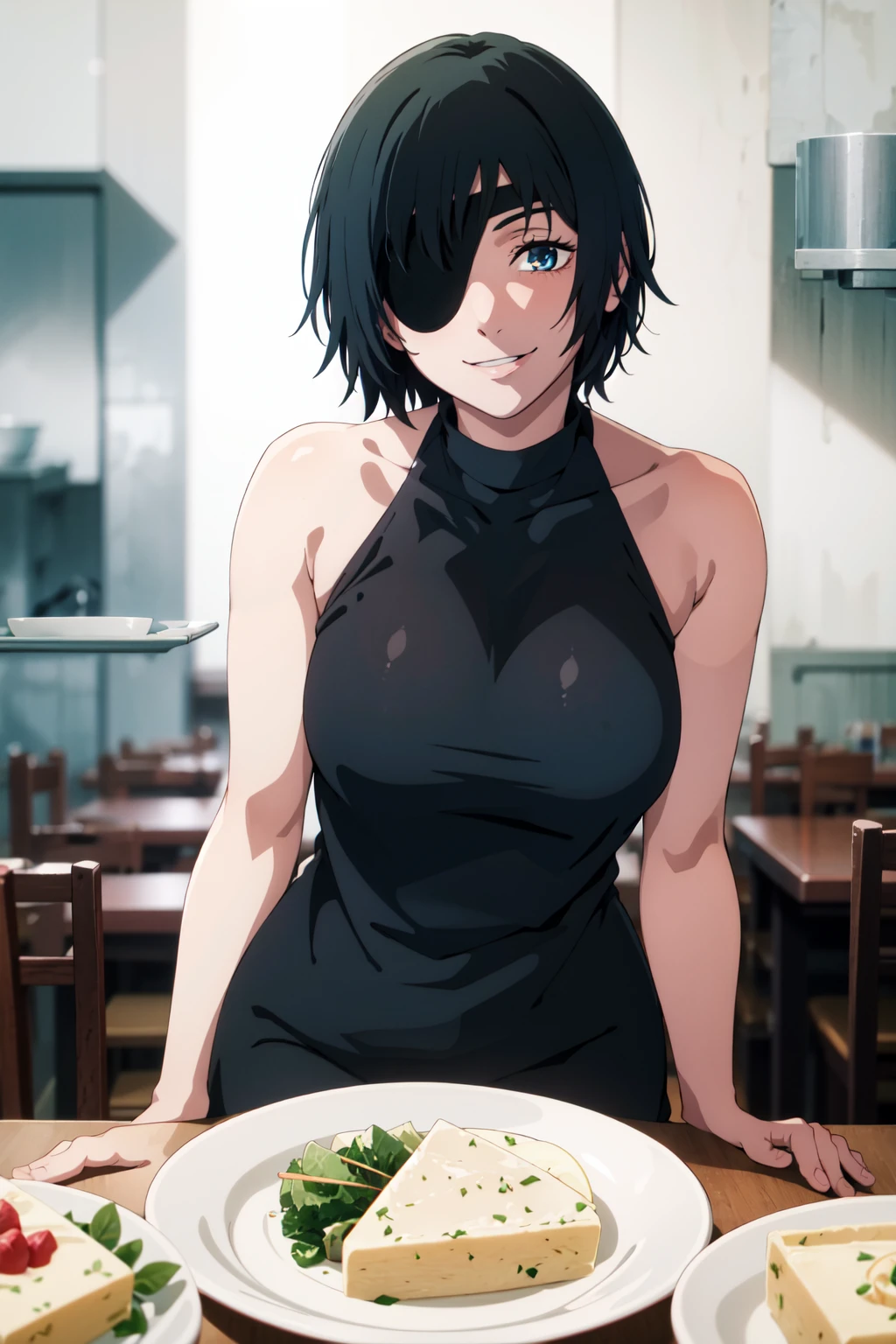 <lora:anime_screencap_v2:0.3> tall body, tall, long legs, mature female, mature, adult, <lora:GoodHands-vanilla:1.4>
<lora:Prodigy_Himeno:0.7> Himeno_CSM, 1girl, eyepatch, himeno (chainsaw man), solo, black hair, looking at viewer, short hair, smile, food, breasts, blue eyes, bare shoulders, bangs, medium breasts, sitting, table, blurry, blurry background