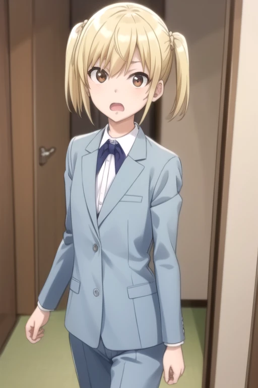 ((masterpiece)),(best quality),official art,extremely detailed CG,unity 8k wallpaper,ultra detailed,beautiful detailed eyes,extremely detailed face,office,1girl,solo,cowboy shot,looking at viewer,facing viewer,surprised,short hair,blonde_hair,short_twintails,sidelocks,bangs,brown_eyes,open mouth,suit_jacket,light_blue_jacket,wing_collar,long_sleeves,blue_bowtie,collared_shirt,white_shirt,light_blue_pants,leather_footwear,<lora:Otosuna Mihari(mstast)>,