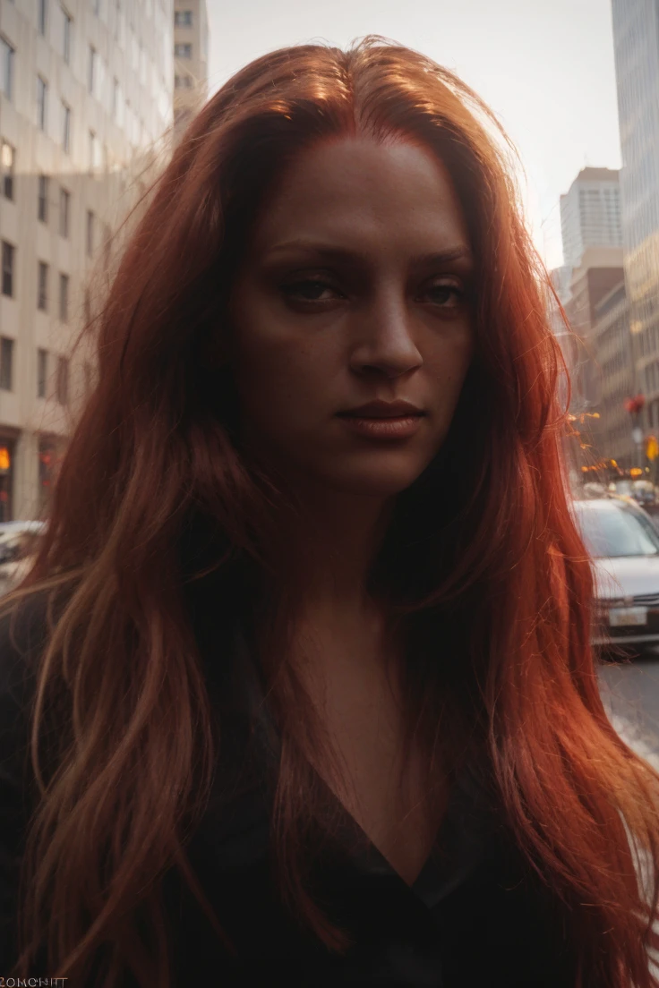 a photo of um4,red long hair,close-up,black shirt,daylight,city street background,add_detail,soft lighting,extreme dof,bokeh,cinematic,sharp focus