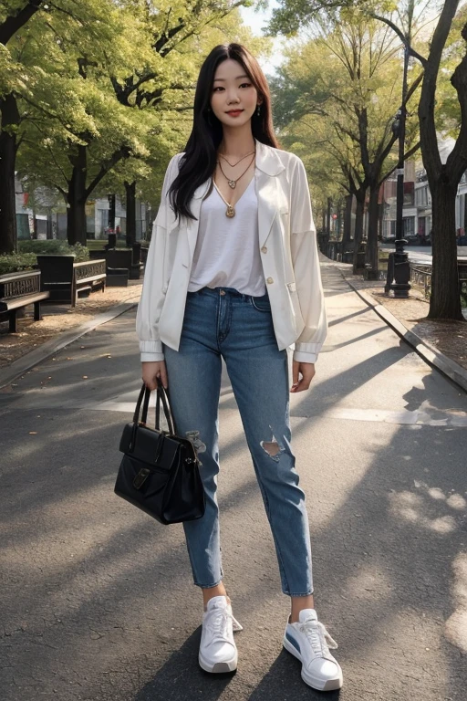 4k, 8k, ultra highres, raw photo in hdr, sharp focus, intricate texture, skin imperfections, realistic, detailed facial features, highly detailed face, posing,perfect lighting,long hair,black hair,makeup,necklace,korean, standing in a park, casual outfit,white shoes