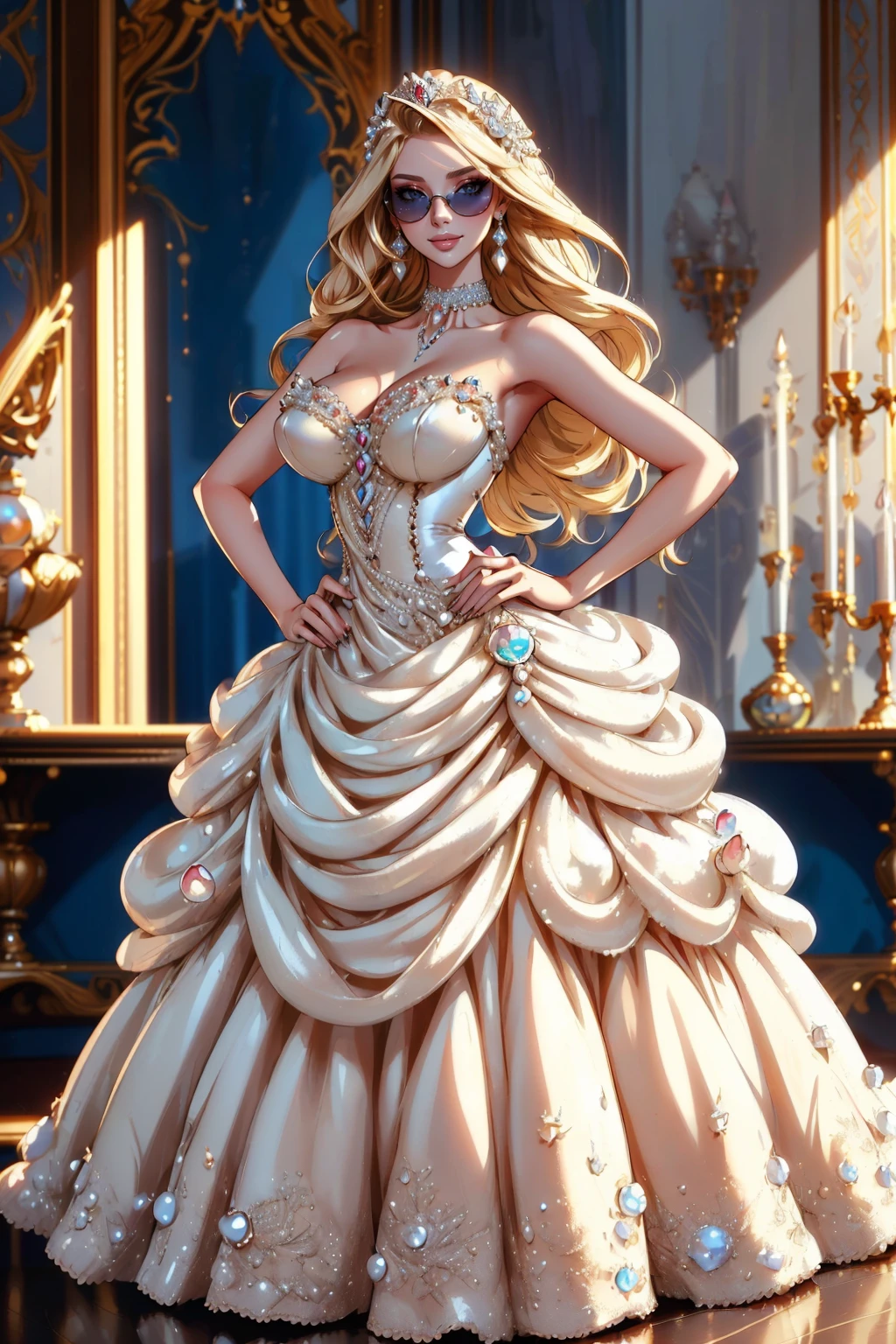 ((masterpiece,best quality,edgQuality)),(smile:0.8),standing,posing for a picture
edgpearldress, woman wearing a dress made of pearls,skirt,full body ,wearing edgpearldress
 <lora:edgPearlDressv1:1>
<lora:Anime_Nadia:0.5> blonde, nadia, nadia_face, nadia_body, choker, sunglasses