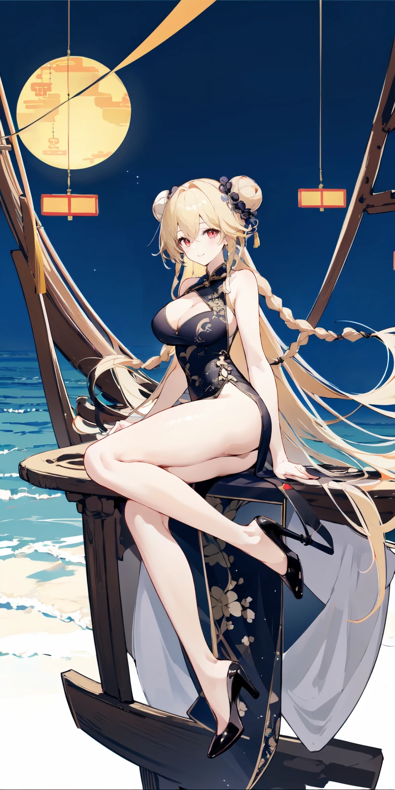 Anchorage ( Moonlit Boat Ride),from side,1girl,breasts,solo,dress,red eyes,high heels,double bun,braid,black dress,hair bun,large breasts,china dress,long hair,cleavage,chinese clothes,full body,black footwear,looking at viewer,twin braids,white background,arm behind back,standing,sleeveless dress,simple background,bare shoulders,sleeveless,blonde hair,thighs,bangs,smile,pelvic curtain,bare legs,closed mouth,very long hair,side slit,hand fan,
<lora:Anchorage Moonlit Boat Ride_20240202152152:0.8>,<lora:azur lane_20230619144714-000018:0.3>,