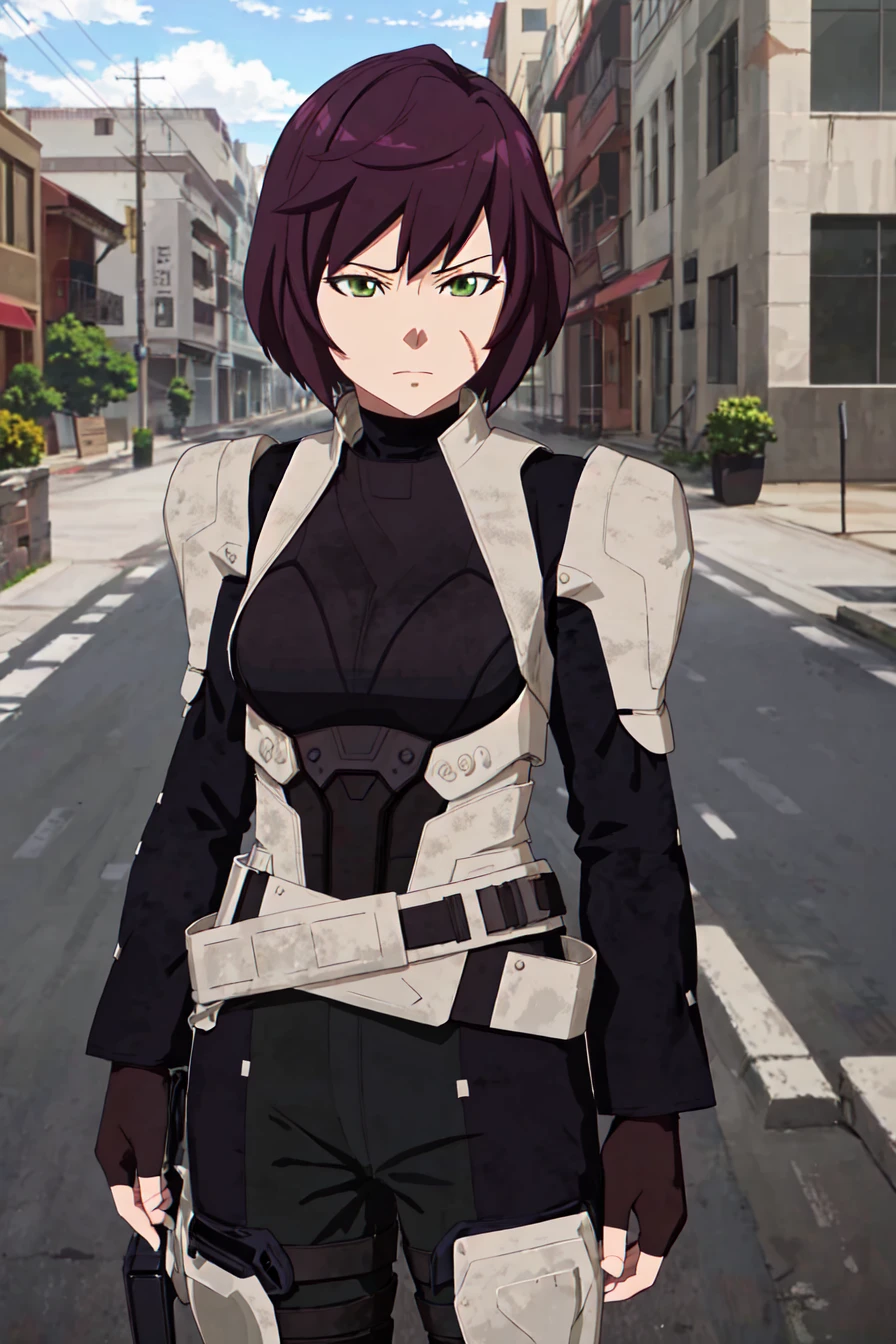 (best quality) , (highly detailed) ,masterpiece ,absurdres ,detailed face ,beautiful face ,(detailed eyes, deep eyes, anime eyes) ,1girl , solo,
Standing, pretending to smell a big flower,
mei_pacific, scar on face, purple hair, scar, green eyes, short hair, brown hair, gloves, boots, belt, fingerless gloves, armor, bodysuit, armored boots, knee pads, <lora:mei_pacific-10:0.7>