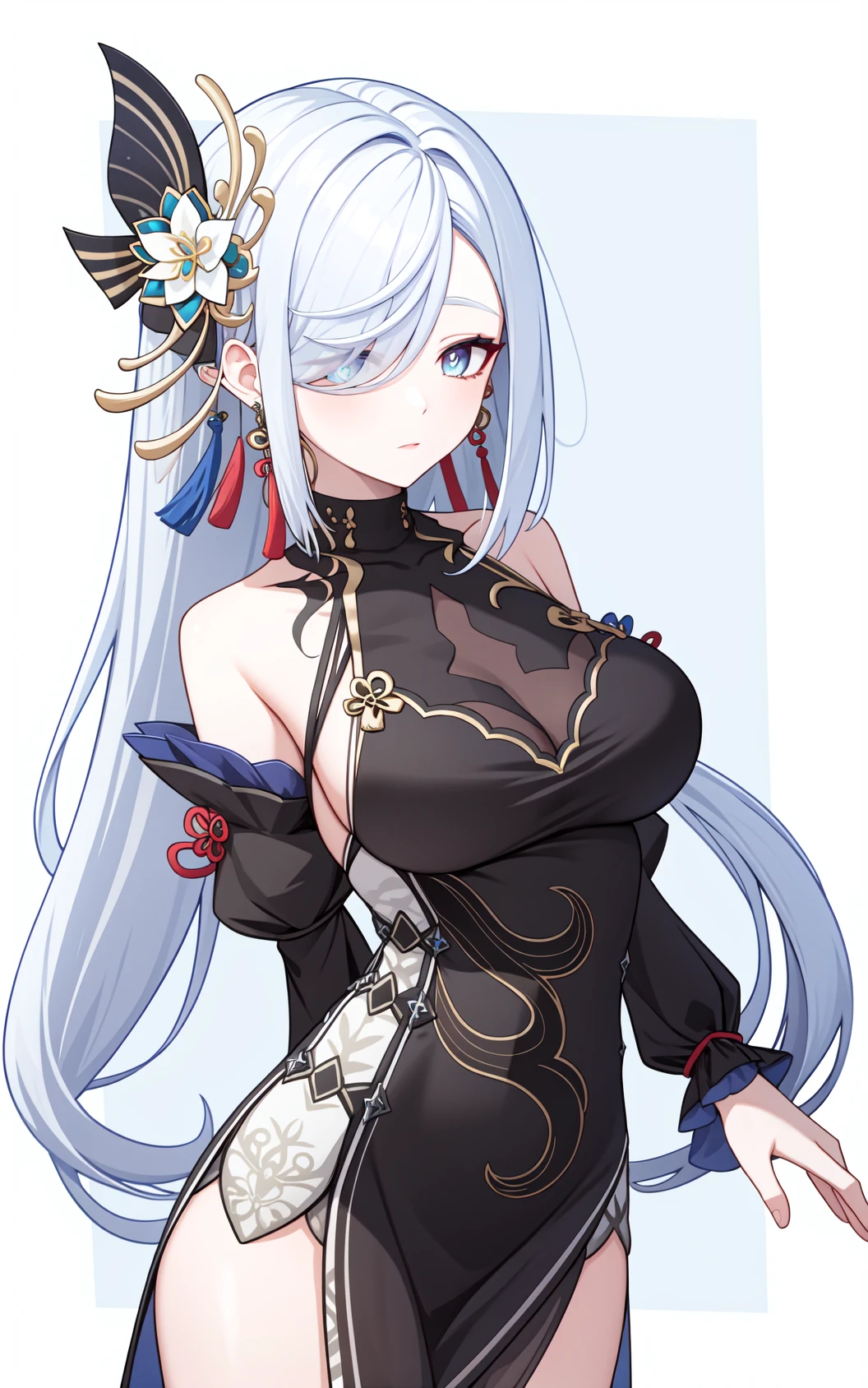<lora:ç³é¹¤æ°ç®è¤-000010:1:lbw=char>,shenhe,shenhe \(genshin impact\),hair ornament,bangs,blue eyes,bare shoulders,large breasts,hair over one eye,detached sleeves,dress,black dress,tassel,white hair,chinese clothes,jewelry,earrings,flower,, 1girl,
, (masterpiece,best quality:1.2),absurdres