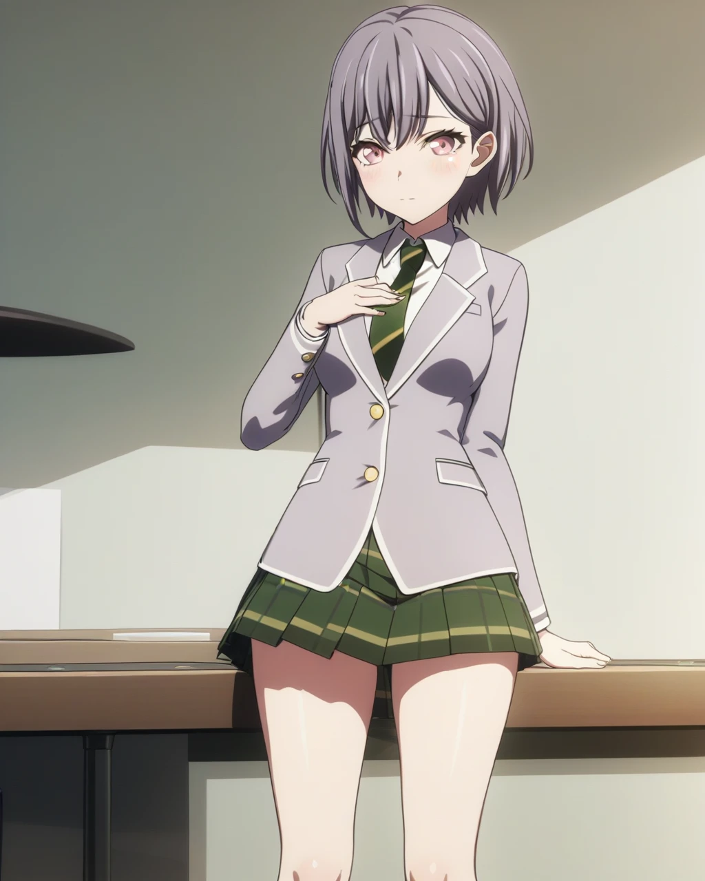 masterpiece, best qualityï¼ 1<lora:bangbangv1.1:1>ï¼1girl, solo, indoors, looking at viewer, standing, hand up, blush, closed mouth, pink eyes, brown eyes, short hair, grey hair, bangs, hand on own chest, school uniform, green skirt, plaid skirt, pleated skirt, white shirt, collared shirt, grey jacket, socks, striped necktie, green necktie, diagonal-striped necktie, long sleeves, takamatsu tomori, blazer, miniskirt, diagonal stripes, arm at side