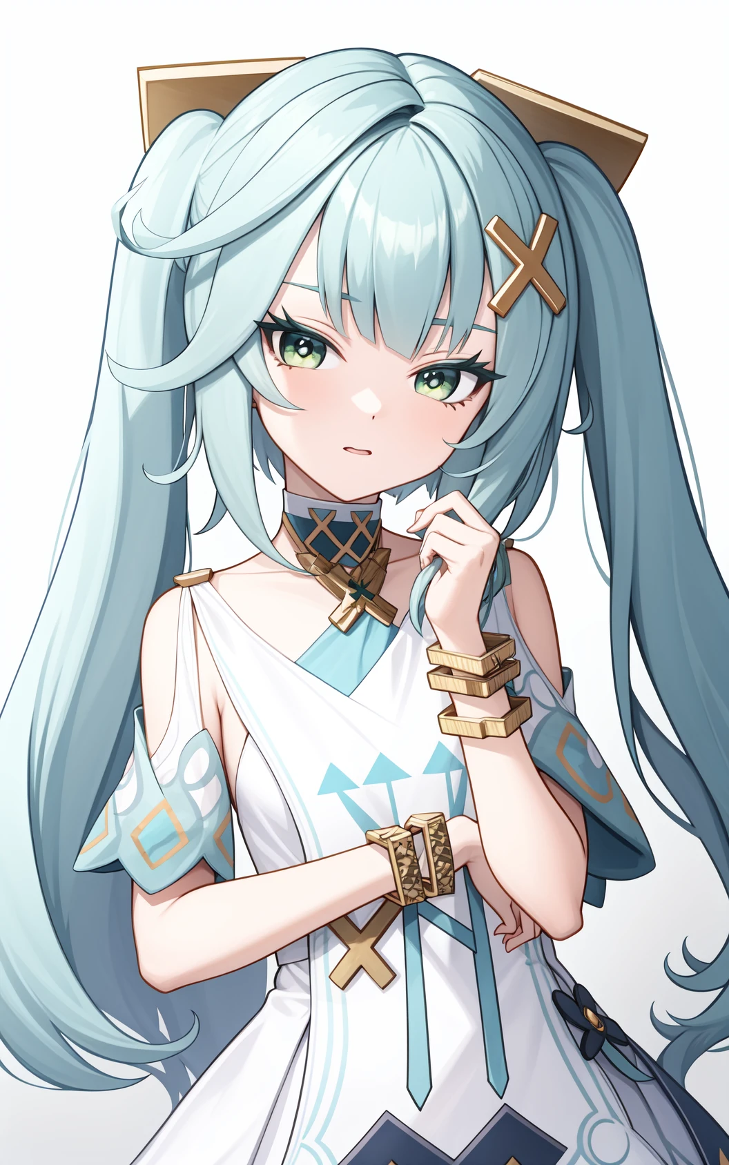 <lora:çé²çlocon:0.8:lbw=char>,falushan,twintails,long hair,hair ornament,x hair ornament,aqua hair,bangs,dress,green eyes,jewelry,white dress,bracelet,short sleeves,symbol-shaped pupils,, 1girl,
, (masterpiece,best quality:1.2),absurdres