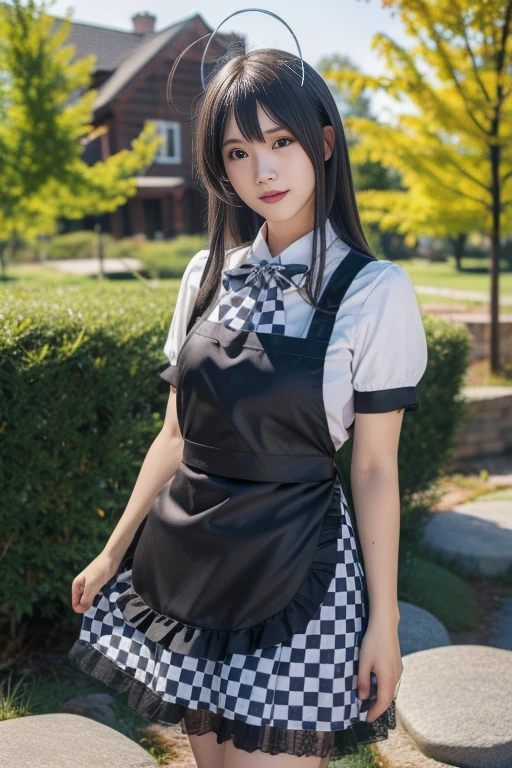 ltra-detailed,highly detailed,best quality,masterpiece,illustration,realistic,photorealistic,
nyaruko, 1girl, cosplay, solo, 
maid apron, dress, puffy sleeves, checkered skirt, crossdressing, checkered bowtie, frilled short sleeves, black apron, 
long hair, grey hair, ahoge, 
looking at viewer, standing, upper body, 
outdoors, photo background, water, grass,reeds, autumn, autumn leaves, 
 <lora:nyaruko_v1_06:0.6>