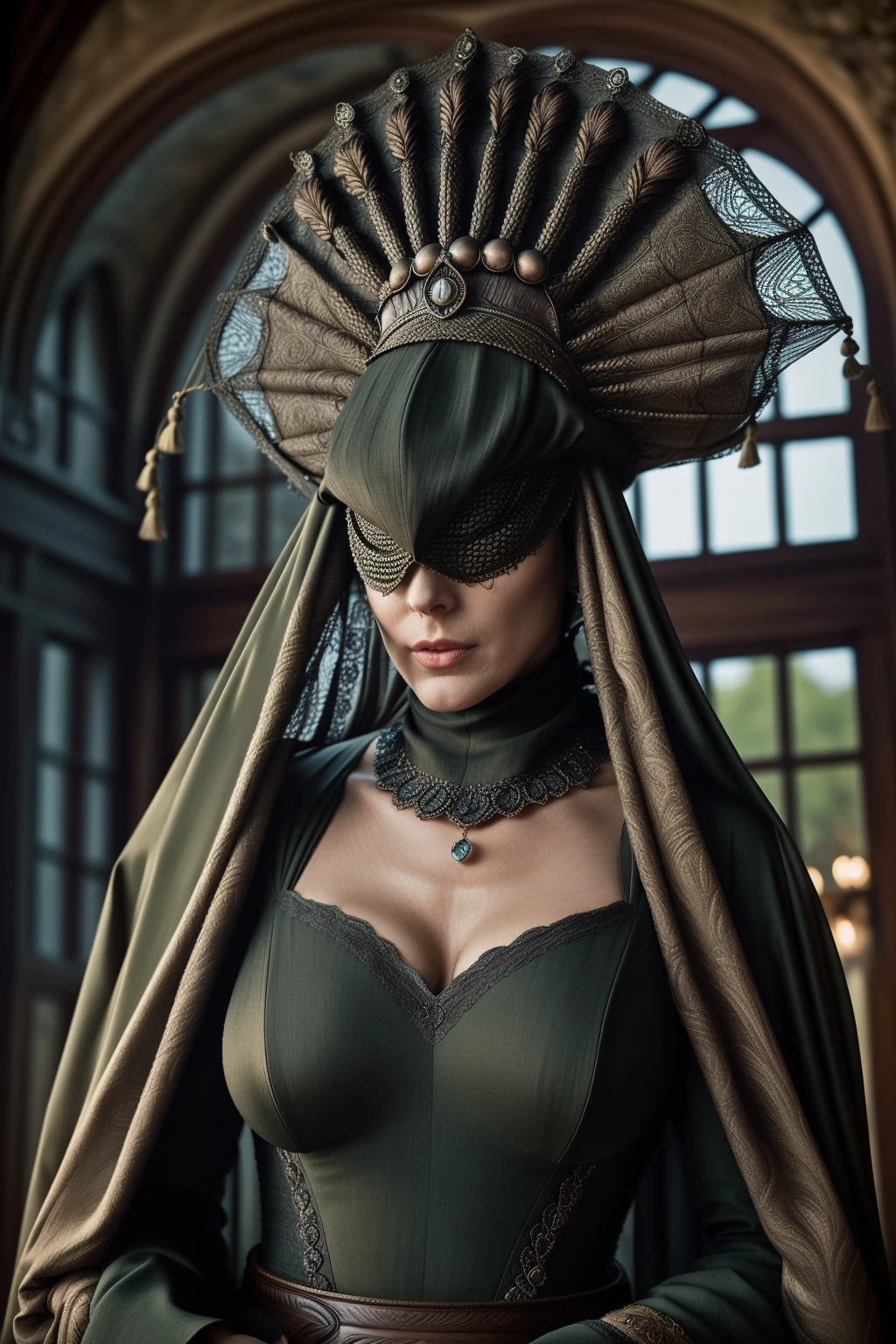 sl4v1ccr0wn3y3s , medium shot, an attractive woman, solo, breasts, hair slicked back, slender, fashion model, crown, veil, covered eyes, tassels, facing viewer, sumptuous smock <lora:sl4v1ccr0wn_multi_2-000009:0.7>