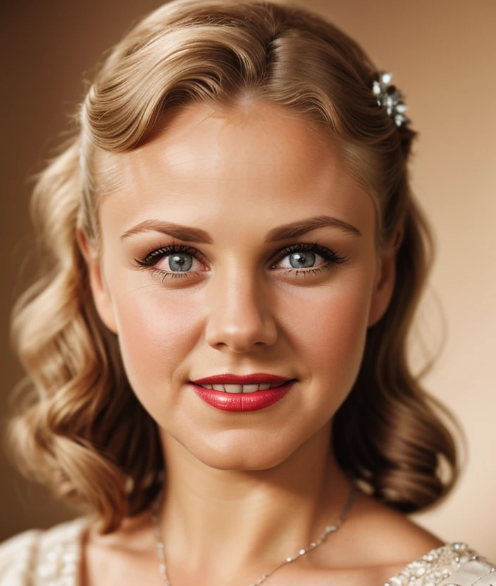 <g1ng3r0>, Ultra-HD-details, natura natural background, smile, detailed eyes, 50s dress, cotton hair, 40s makeup, 50s style, jewelry, intricate