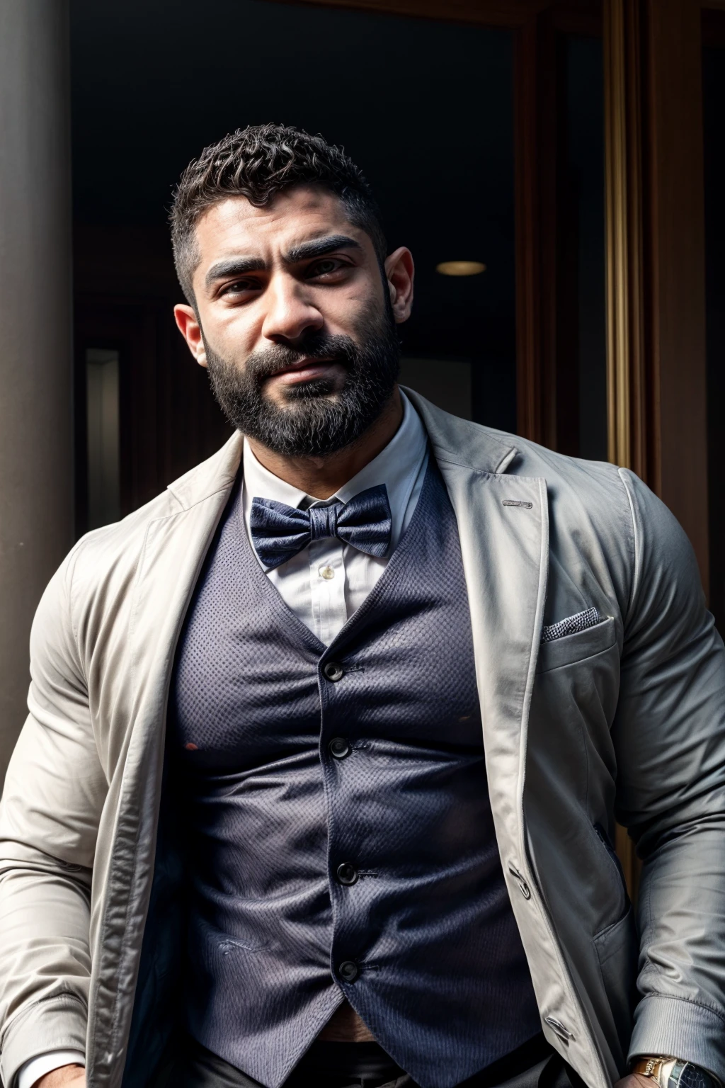 doumit ghanem,  solo,  looking at viewer,  short hair,  muscular,  beard,  arrogant,  smug,  elegant clothes,  jacket,  shirt,  bowtie,  rolex,  daylight,  best quality,<lora:EMS-179-EMS:1.000000>,<lora:EMS-282239-EMS:0.650000>