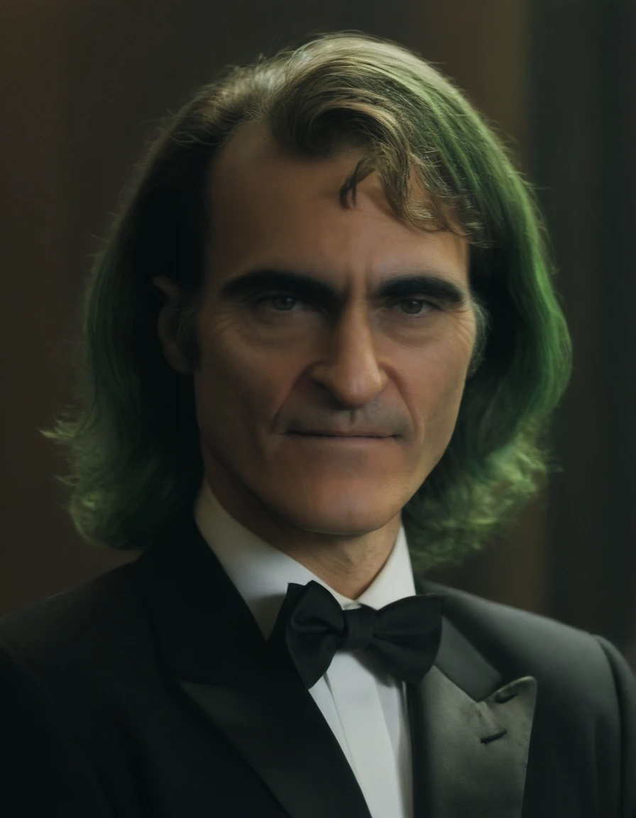 closeup portrait picture of jqwx man, wearing a tuxedo, green dyed long hair
<lora:JoaquinPhoenixDoguXLuse@1.24:1.35>  <lora:sdxl_offset_example_v10:0.4>
