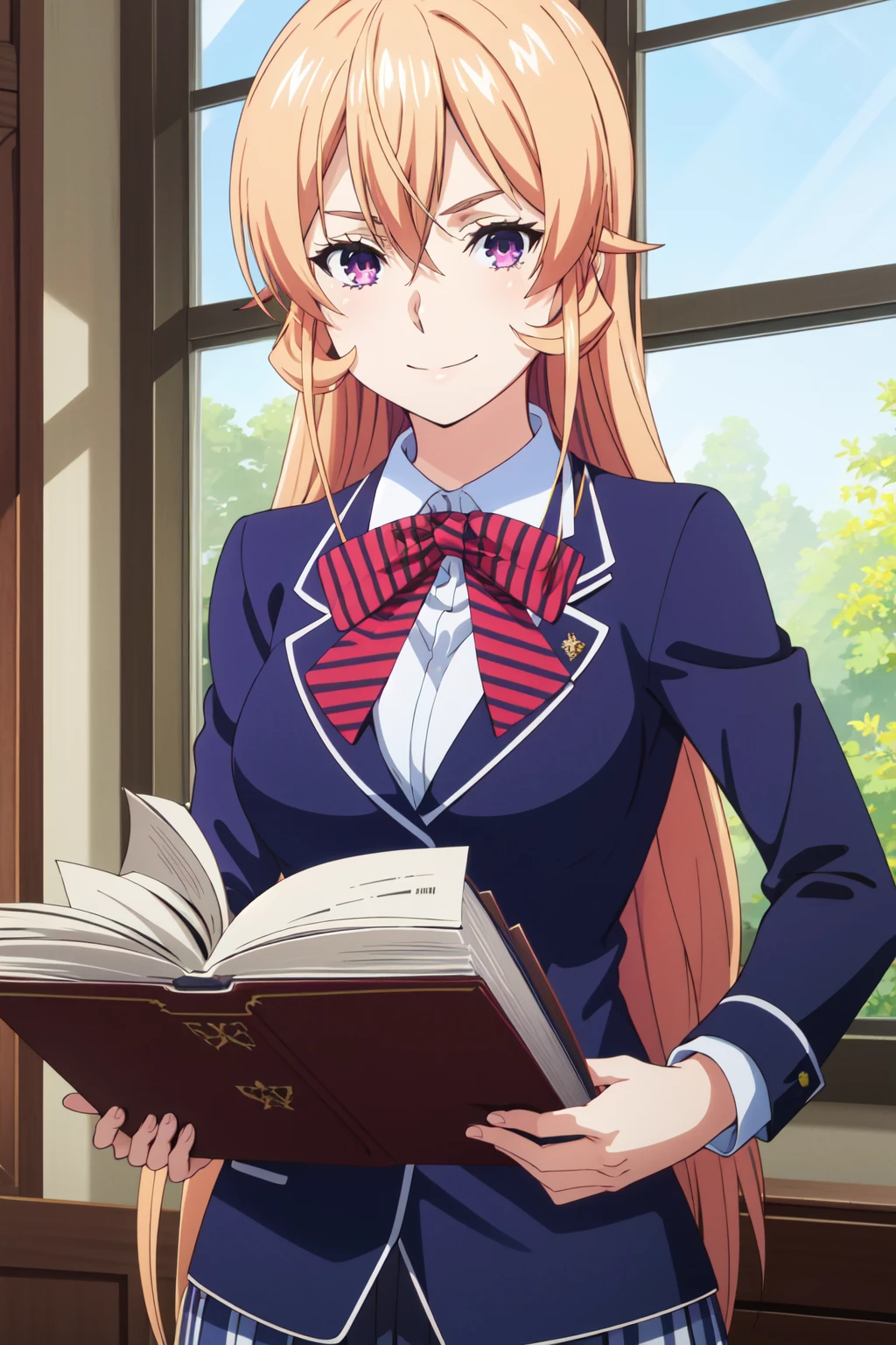 <lora:anime_screencap_v2:0.3> tall body, tall, long legs, mature female, mature, adult, <lora:GoodHands-vanilla:1.4>
 <lora:Erina_Prodigy:0.8> Erina_Prodigy, 1girl, solo, long hair, purple eyes, school uniform, smile, looking at viewer, blonde hair, jacket, upper body, bangs, striped, striped bow, bow, blue jacket, long sleeves, hand on own chin, window, indoors, bowtie, hair between eyes, holding, closed mouth, striped bowtie, blazer, shirt, book, white shirt