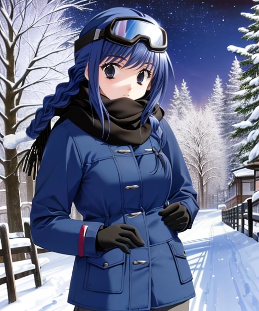(adult woman), (1girl, solo), (looking at viewer), (ski goggles, goggles on head), (ski cap, ski coat, scarf), (blue hair, braid), (grey eyes), ((trees, slope)), (night, stars), (best quality, high detail), ((masterpiece)), <lora:1_ayakadoi_12e:1>
