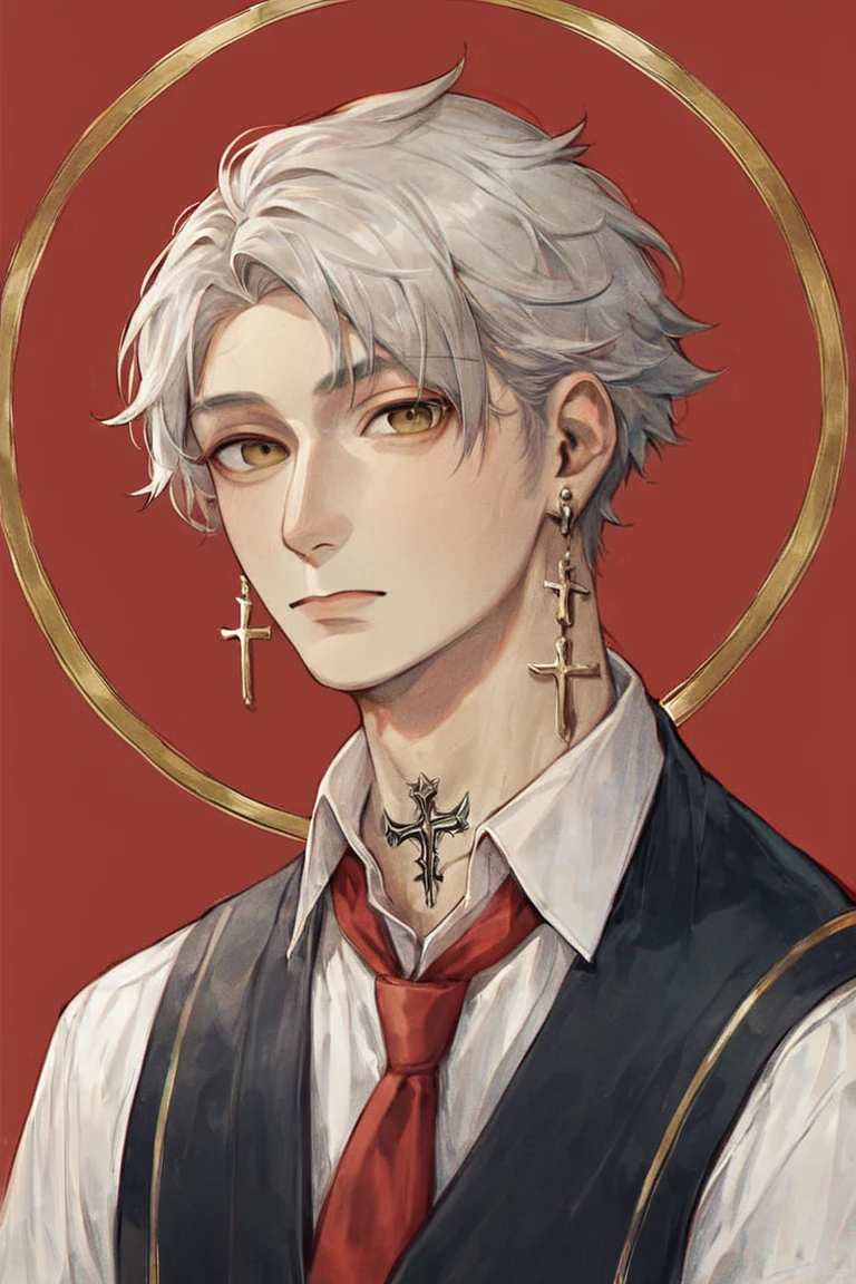 score_9, score_8_up, score_7_up, score_6_up, score_5_up, score_4_up, 1boy, solo, necktie, male focus, earrings, jewelry, shirt, tattoo, cross, neck tattoo, red necktie, looking at viewer, white shirt, vest, collared shirt, black vest, upper body, short hair, cross earrings, white hair, yellow eyes, red background, brown eyes, bangs, closed mouth, grey hair, black background <lora:Gothic Art Style SDXL_LoRA_Pony Diffusion V6 XL:1>