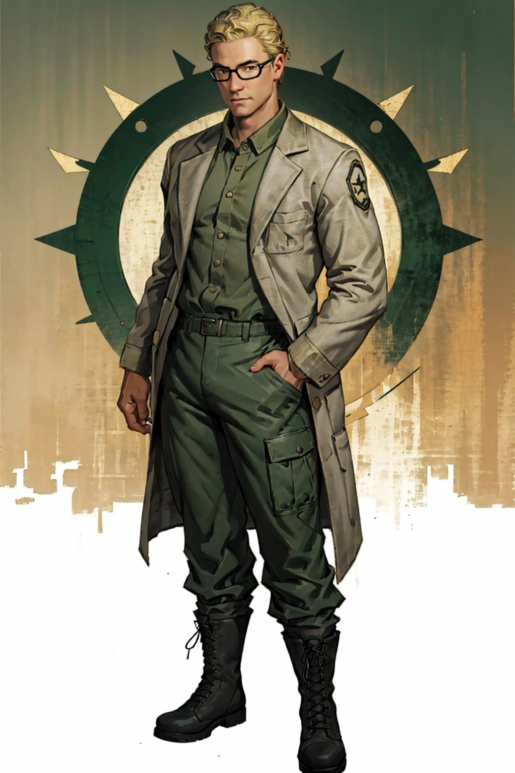 1boy,  solo,  Arcade Gannon,  Fallout: New Vegas,  doctor,  scientist,  35 yrars old,  tall,  blonde hair,  short hair,  green eyes,  wore glasses,  handsome,  grey collared shirt,  white lab coat,  military green pants,  black combat boots,  perfect anatomy,  perfect proportions,  8k,  HD,  HQ,  (best quality:1.2,  masterpiece,  madly detailed photo),  detailed,  perfect face,  perfect eye pupil,  detailed eyes,  high_resolution,<lora:EMS-498-EMS:0.200000>,<lora:EMS-282021-EMS:0.600000>