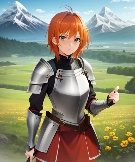 portrait, (adult woman), (1girl, solo), (looking at viewer), ((knight, armor, skirt)), freckles, (orange hair, medium hair), (green eyes), ((field, mountains)), (best quality, high detail), ((masterpiece)), <lora:1_kaiga_10e:1>