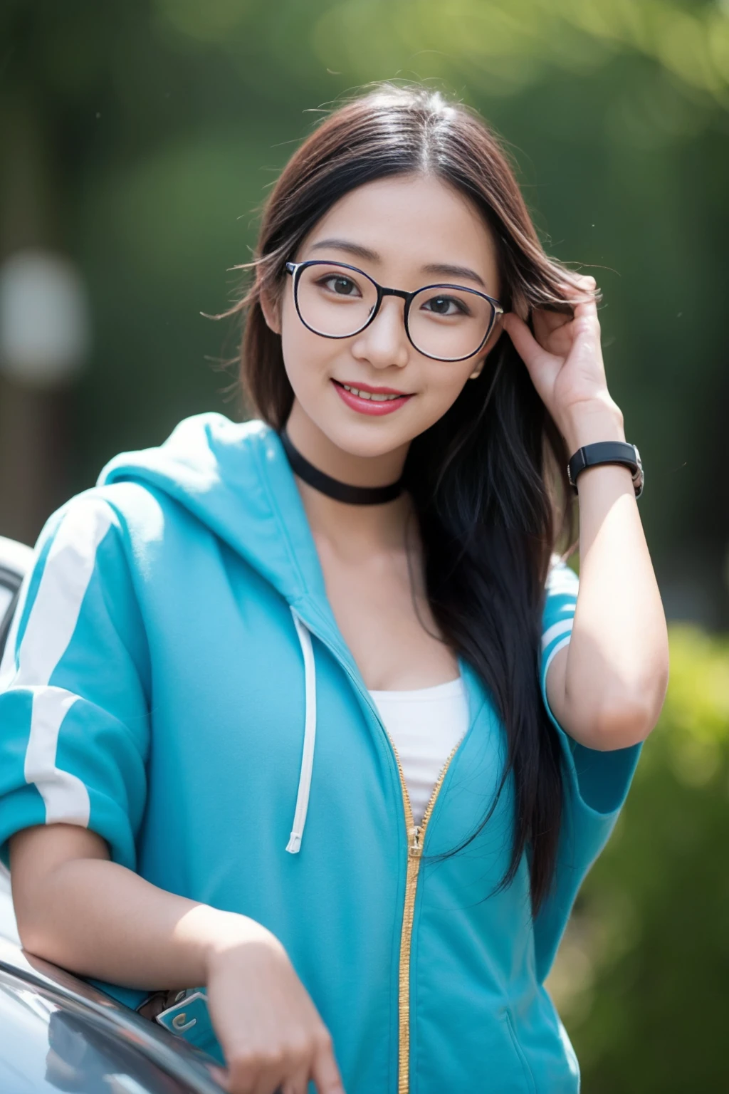 <lora:joanwu_v01:0.9>,
(8k, RAW photo, best quality, masterpiece:1.2), (realistic, photo-realistic:1.37), omertosa,1girl, blurry background,city, sunlight,professional lighting, photon mapping, radiosity, physically-based rendering, backlight bokeh, blurry background,smile, mature,((black choker)), red lips, student ,((lights shinning on the face))
head portrait
,
sunlight, ((outdoors)) ,((light shinning on the hair))
short jacket,t-shirt,hoodie,
((high twin-tail hair)), ((floating hair)), blue hair,wavy hair, glowing hair,
135mm lens,gold-rimmed glasses,,big breast,red lips,smile