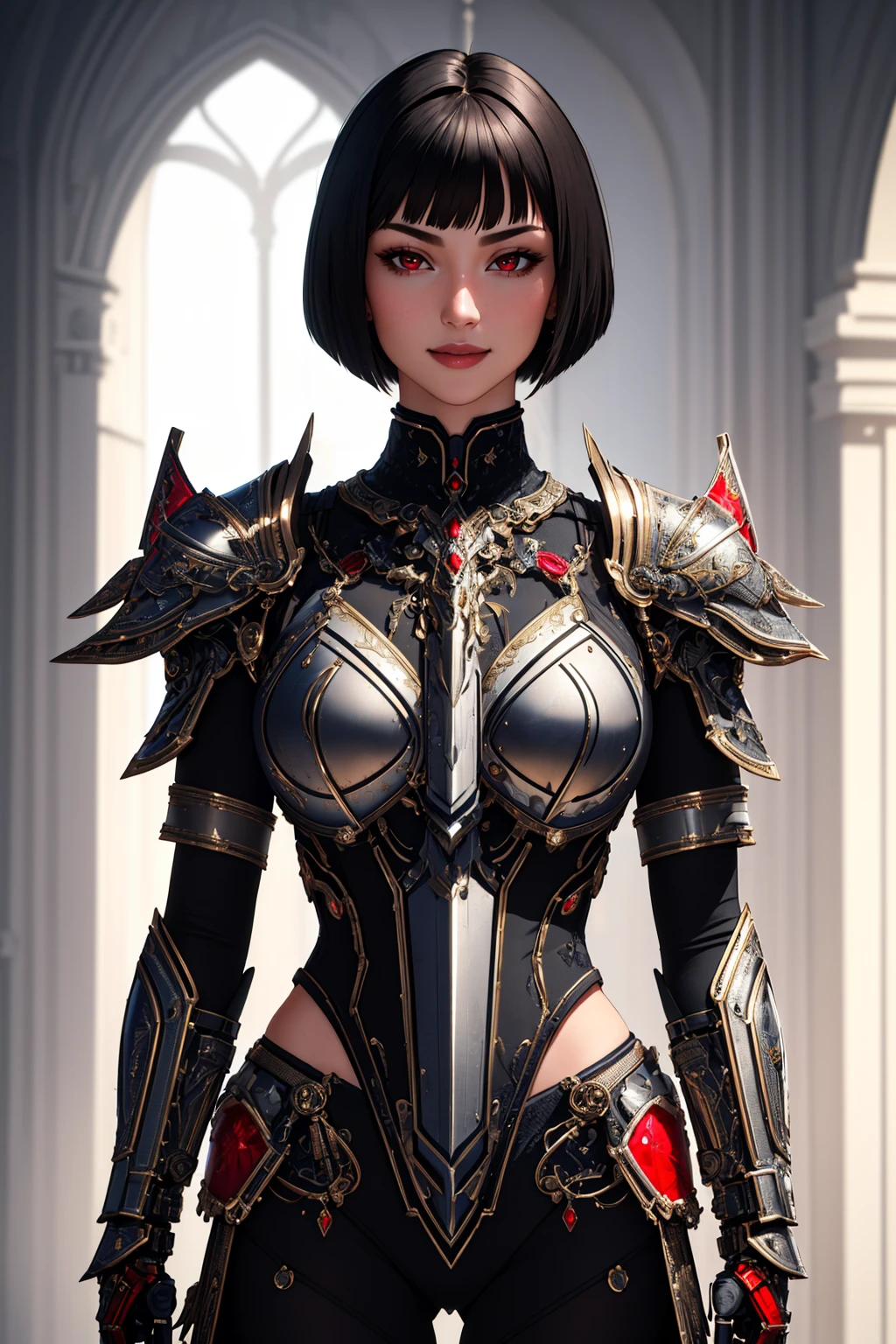 ((masterpiece,best quality,edgQuality)),(smile),looking at viewer,standing,
1girl,solo,short hair,bob cut,red eyes,edgLnF, armor,clothing cutout, pauldrons, wearing edgLnF
 <lora:edgLnF:0.8>