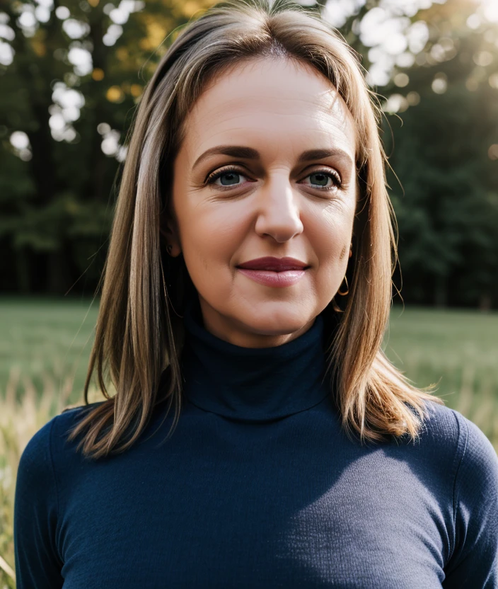 <t1f001a3>, detailed eyes, ((nature, outdoor, Grass, background)), close portrait photo, Spectacular light, 8k, soft lighting, high quality, breast, top, upper body, (Turtleneck), Turtleneck, smile, jeans
