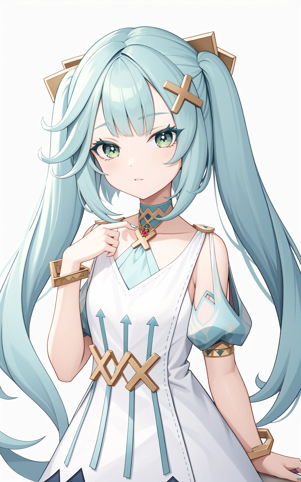 <lora:çé²çlocon:0.8:lbw=char>,falushan,twintails,long hair,hair ornament,x hair ornament,aqua hair,bangs,dress,green eyes,jewelry,white dress,bracelet,short sleeves,symbol-shaped pupils,, 1girl,
, (masterpiece,best quality:1.2),absurdres
