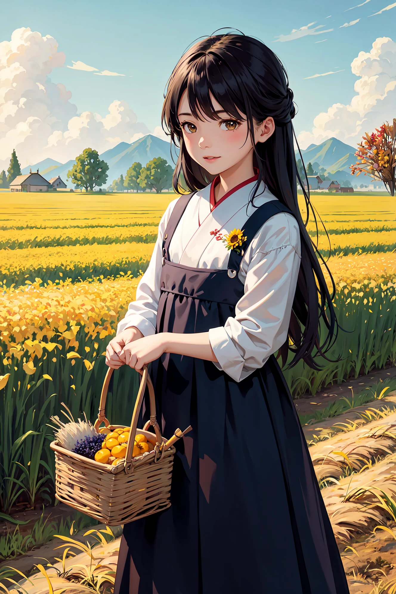 tongxin,a girl standing in the field,holding a basket in one hand,the other hand waving in the air to say hello,1 girl,autumn,field,flower field,grass,nature,outdoor,solo,rice,mature rice,harvest,yellow theme. beautiful background,bichu,oil painting,Impressionism,