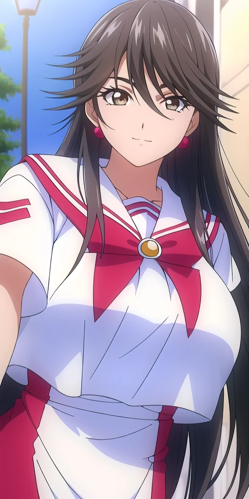 <lora:AkiraFerrariV5:0.7> akira_ferrari, huge_breasts, standing, solo, Summer_Himeya_company_uniform_White_long_dress_White_crop_top_Red_bowtie_Short_sleeves_Side_slit, masterpiece, best quality, detailed face, detailed eyes, highres,