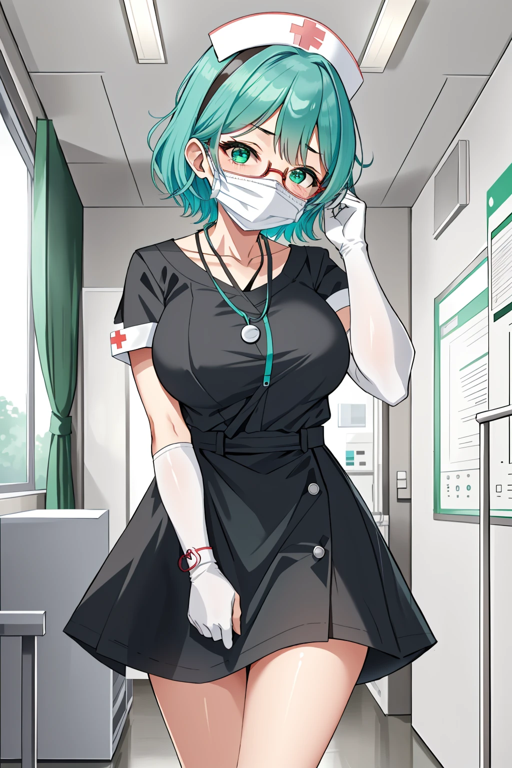 ((masterpiece, best quality, high quality)),1girl, (hospital), <lora:infirmary_v0.1:0.5> infirmary,  <lora:Tomomi Kii:0.7> (1girl, 3dcg 08, aqua hair, bangle, collarbone, glasses, green eyes, hairband, medium breasts, necklace, semi-rimless eyewear, short hair, sidelocks, solo, tomomi kii, under-rim eyewear), <lora:0- CL - Classic nurse V2:0.6> (nurse_uniform_big, mask, nurse cap, mouth mask, nurse, surgical mask, elbow gloves),