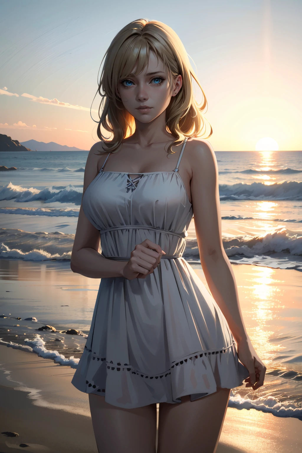 ((ultra detailed, masterpiece, absurdres))
<lora:HGFiona:0.9>
HGFiona, 1girl, blonde hair, blue eyes, on a beach during a vibrant sunset, sundress, playing with the waves