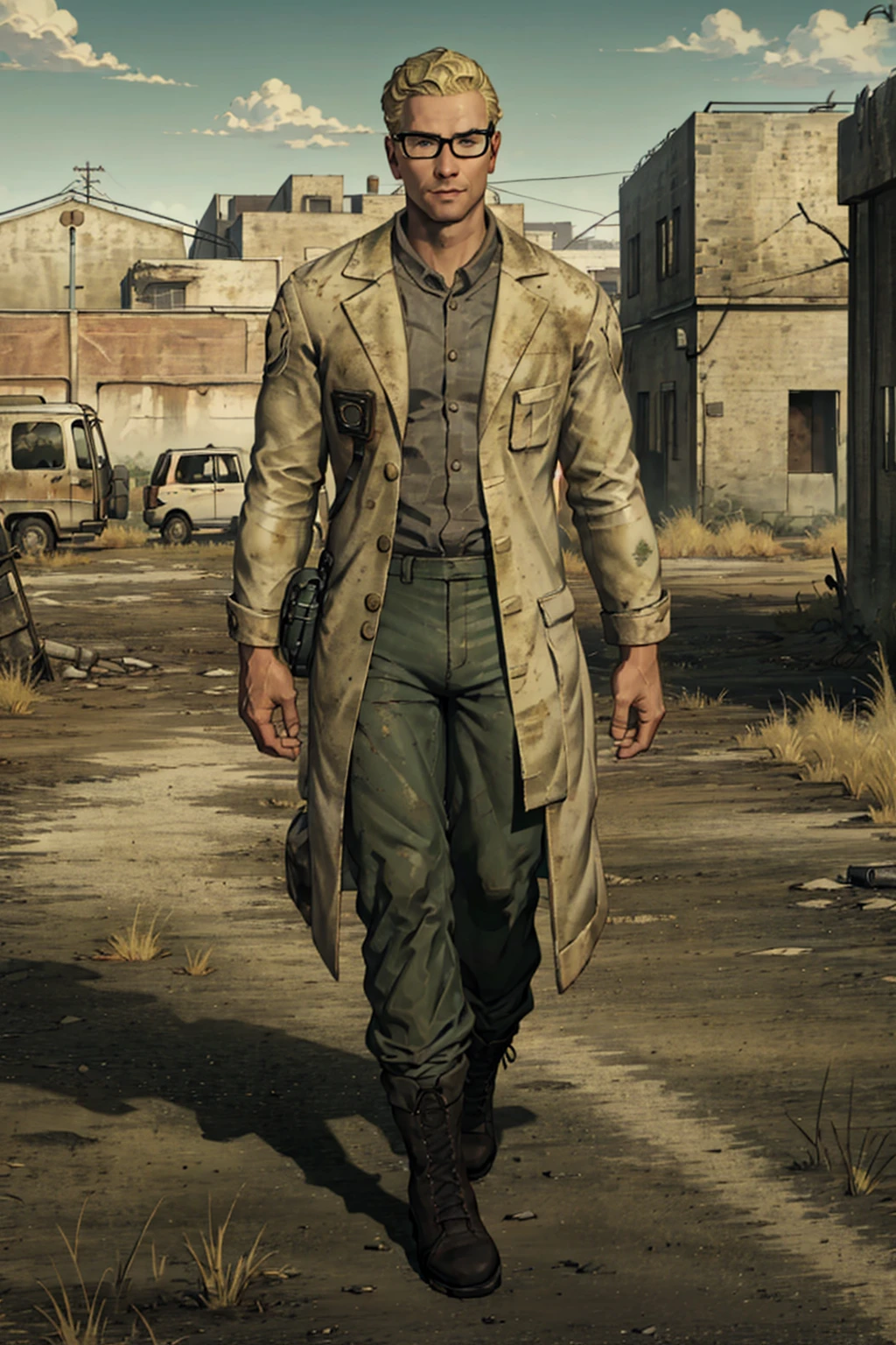 1boy,  solo,  Arcade Gannon,  Fallout: New Vegas,  doctor,  scientist,  35 yrars old,  tall,  blonde hair,  short hair,  green eyes,  wore glasses,  handsome,  grey collared shirt,  white lab coat,  military green pants,  black combat boots,  perfect anatomy,  perfect proportions,  8k,  HD,  HQ,  (best quality:1.2,  masterpiece,  madly detailed photo),  detailed,  perfect face,  perfect eye pupil,  detailed eyes,  high_resolution, perfecteyes,  Fallout: New Vegas location,  Mojave Wasteland,  post-apocalyptic ruins,  desolated landscape,  dark blue sky,<lora:EMS-282021-EMS:0.600000>,<lora:EMS-498-EMS:0.200000>