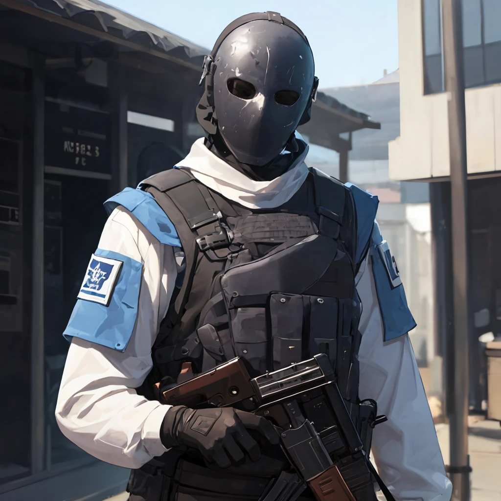 blue theme ,masterpiece, best quality, detailed, spe, blurry, 1boy, male focus, no eyes, gloves, long sleeves, armor, rifle, holding weapon, bulletproof vest ,covered face, solo, upper body, outdoors, <lora:special_forces-04:0.8>