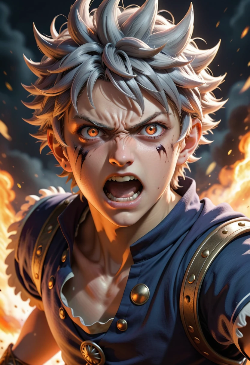 asta from blackclover , having his final battle, closeup shot, he is angry, realistic photo, 8k, perfection, simi realiality. orange shirt