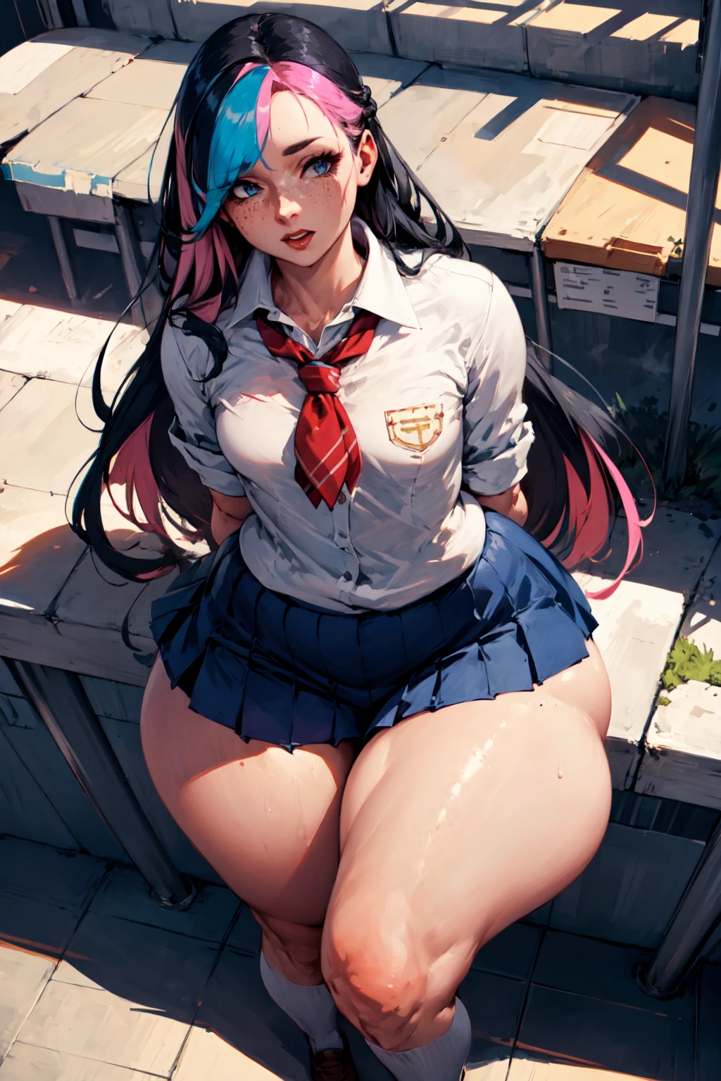 1girl, solo, detailed face, perfect face, school uniform, outdoors, school yard, from above, arms behind back, action shot, cinematic pose, shy, <lora:PulenKompot-Tsvetna-v0.9:1> tsvetna, 1girl, mature female, milf, long hair, multicolored hair, black hair, pink hair, cyan hair, blue eyes, curvy, small breasts, thick thighs, wide hips, body freckles, freckles