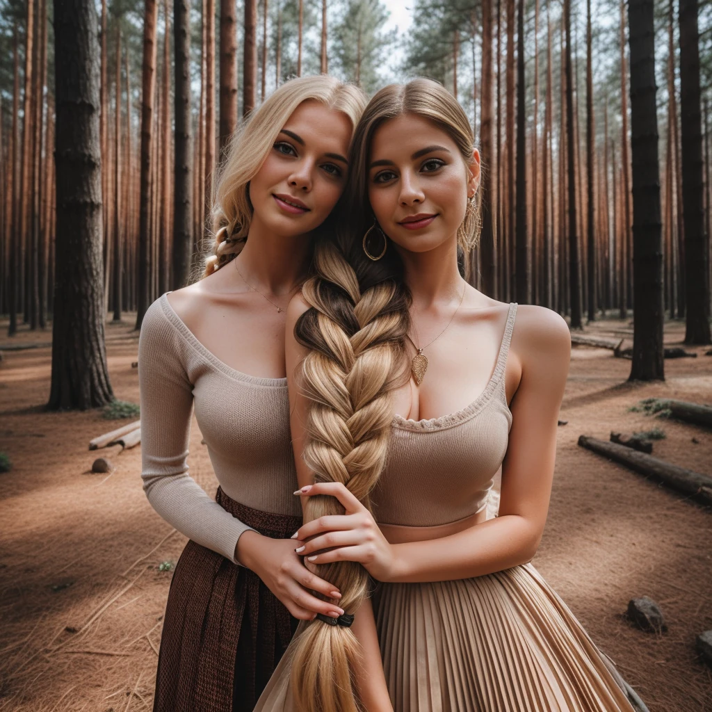 perfect skin, lesbian couple photoshoot,wide angle shot, full body view, photo of (a 29 yo blonde dutch woman , EXTREMELY LONG braid, big thick braid, very long braid, blonde hair,)) (A 25 YO INDIAN village WOMAN wearing a pleated skirt with a big thick braid, black hair), at pine forest, fall colors,  alone, love, romance, happiness, couple