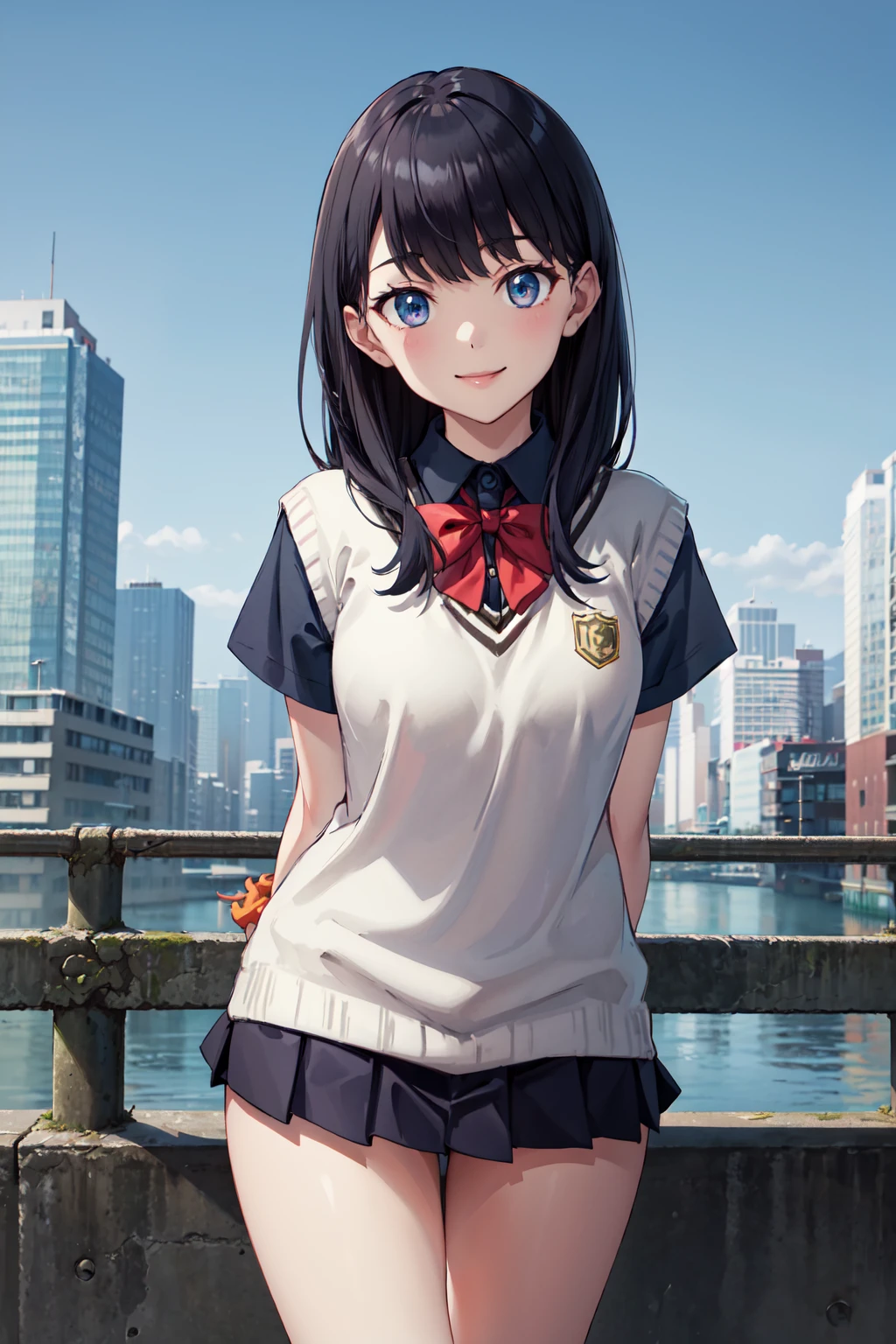 masterpiece,best quality,highres,ultra-detailed,bbrikka,long hair,bangs,school uniform,bowtie,red bowtie,sweater vest,white vest,black shirt,short sleeves,wrist scrunchie,orange scrunchie,skirt,black skirt,socks,red socks,loafers,brown footwear,<lora:takarada_rikka:0.7>,outdoors,cowboy shot,smile,standing,(arms_behind_back:1.4),(leaning_forward:1.2),