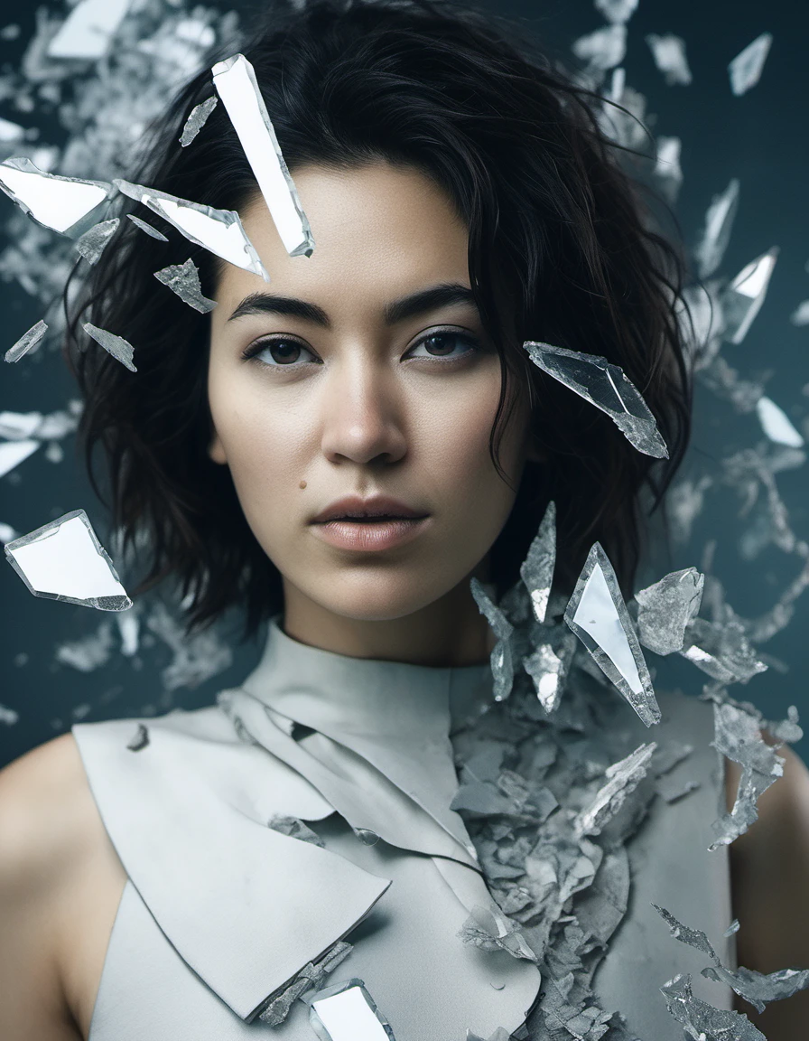 <lora:Jessica Henwick v2:1>, jsschnwckcw woman, glass shards, space fragmentation, rmessy hair, serious, glowing hand, surreal, upper body, dynamic pose, Travel through time and space, silver white theme, ultra highres, sharpness texture, High detail RAW Photo, detailed face,