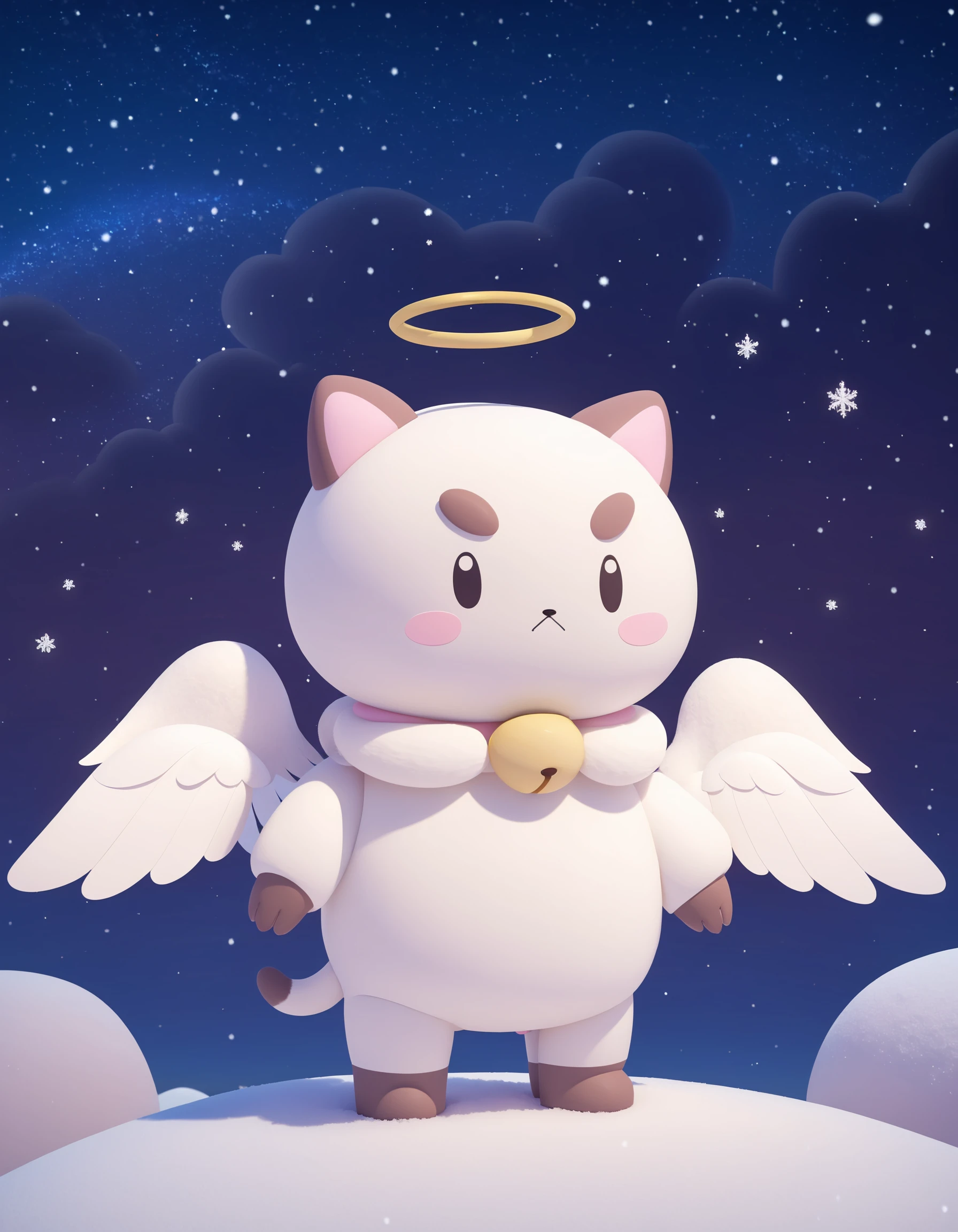 Puppycat, cat, no humans, solo, wings, bell, :<, full body, sky, standing, halo, angel wings, neck bell, snow, tail, closed mouth, night sky, starry sky, animal ears, outdoors, chibi , cinematic angle, cinematic lighting, masterpiece, best quality, <lora:PuppycatXL:0.8>