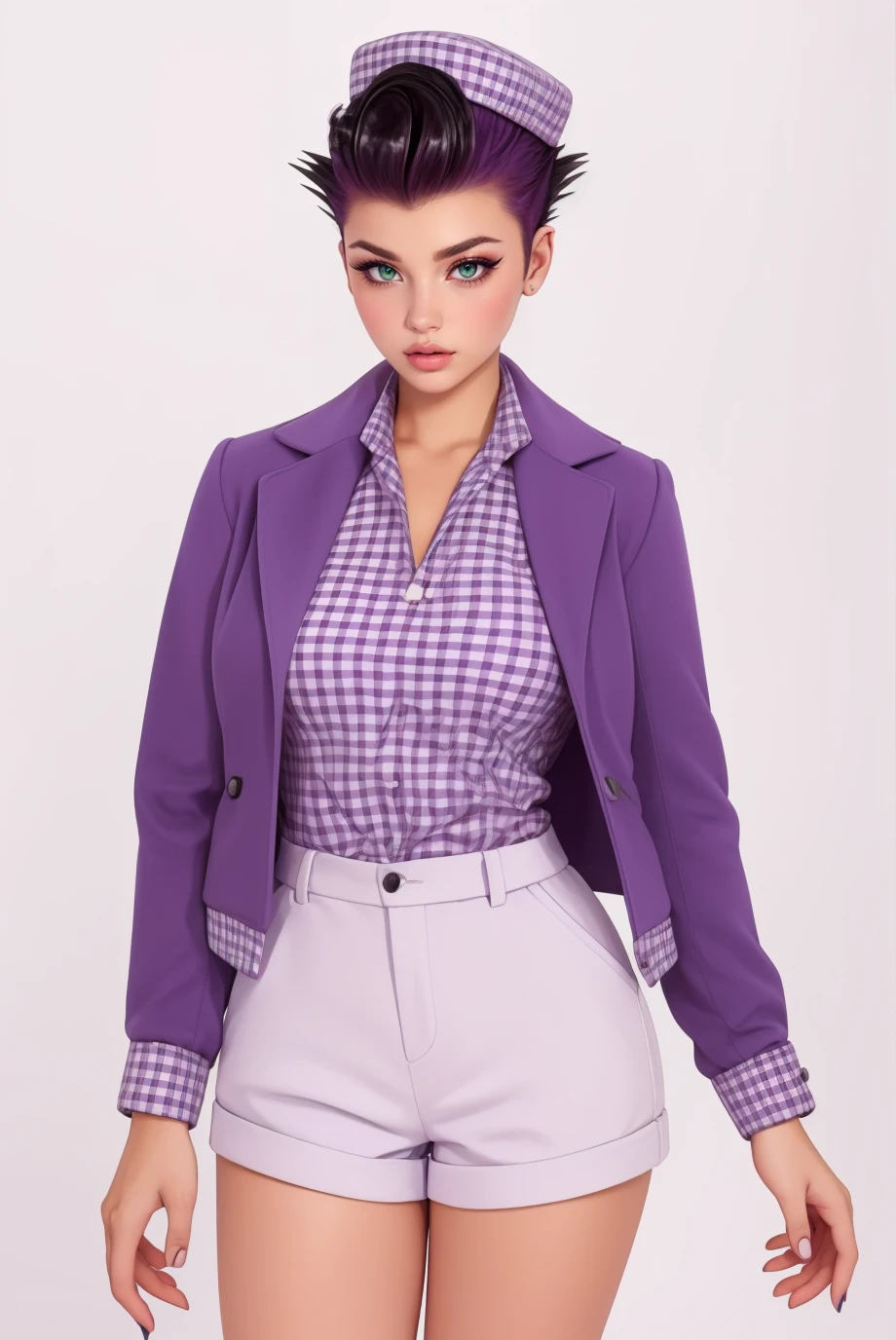 woman, curvy, large breasts, Adult, (half body photo:1.3), (Faux Hawk with Tapered Sides and:1.3), , <lora:purpl3_1:0.65>,purpl3_1, purple plaid shirt and shorts, purple jacket, hat, boots, best quality, high detail, high quality, high res, 4k,eyeliner, pouty lips, detailed skin texture, (blush:0.5),(white background:1.4)