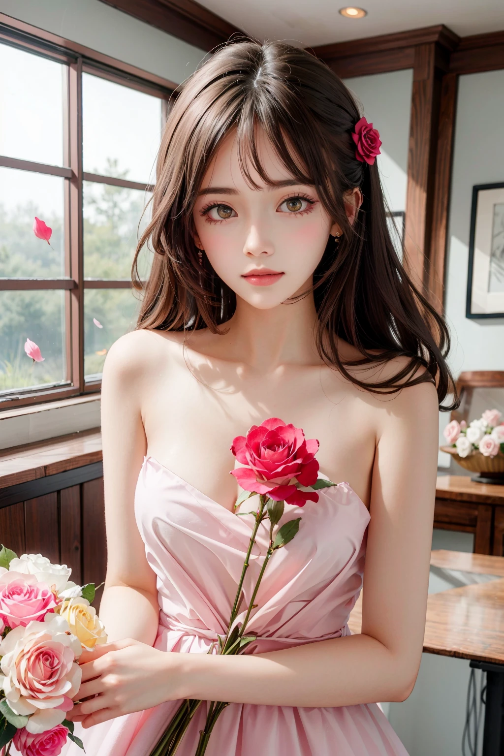 (One Girl:1.3), Cinematic Light, (Tabletop, highest quality, highest quality, beautifully、aesthetic:1.3), Very detailed,Best details,(Very detailed),, From above,(( Lying in bed)), alone, chest, Silky long hair, (Brown Hair), Roses were scattered in the flowerbed., ((suit)), ((shirt)), Open chest,Big chest,Accurate finger drawing,Anatomically correct hand