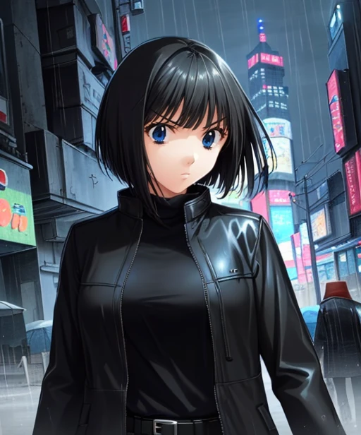 (adult woman), (1girl, solo), walking, ((black jacket)), serious, (black hair, bobcut), (blue eyes), ((future city, neotokyo, scifi city, cyberpunk)), (night, rain), ((best quality, high detail)), ((masterpiece)), <lora:1_ayakadoi_12e:1>